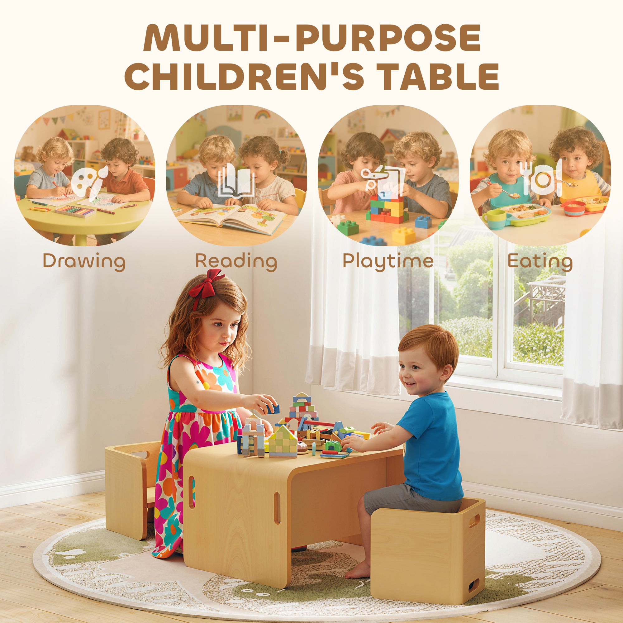 Kids Table and Chair Set, Height Adjustable Toddler Table and Chair Set for Kids Ages 3-8, Play, Learning, Natural