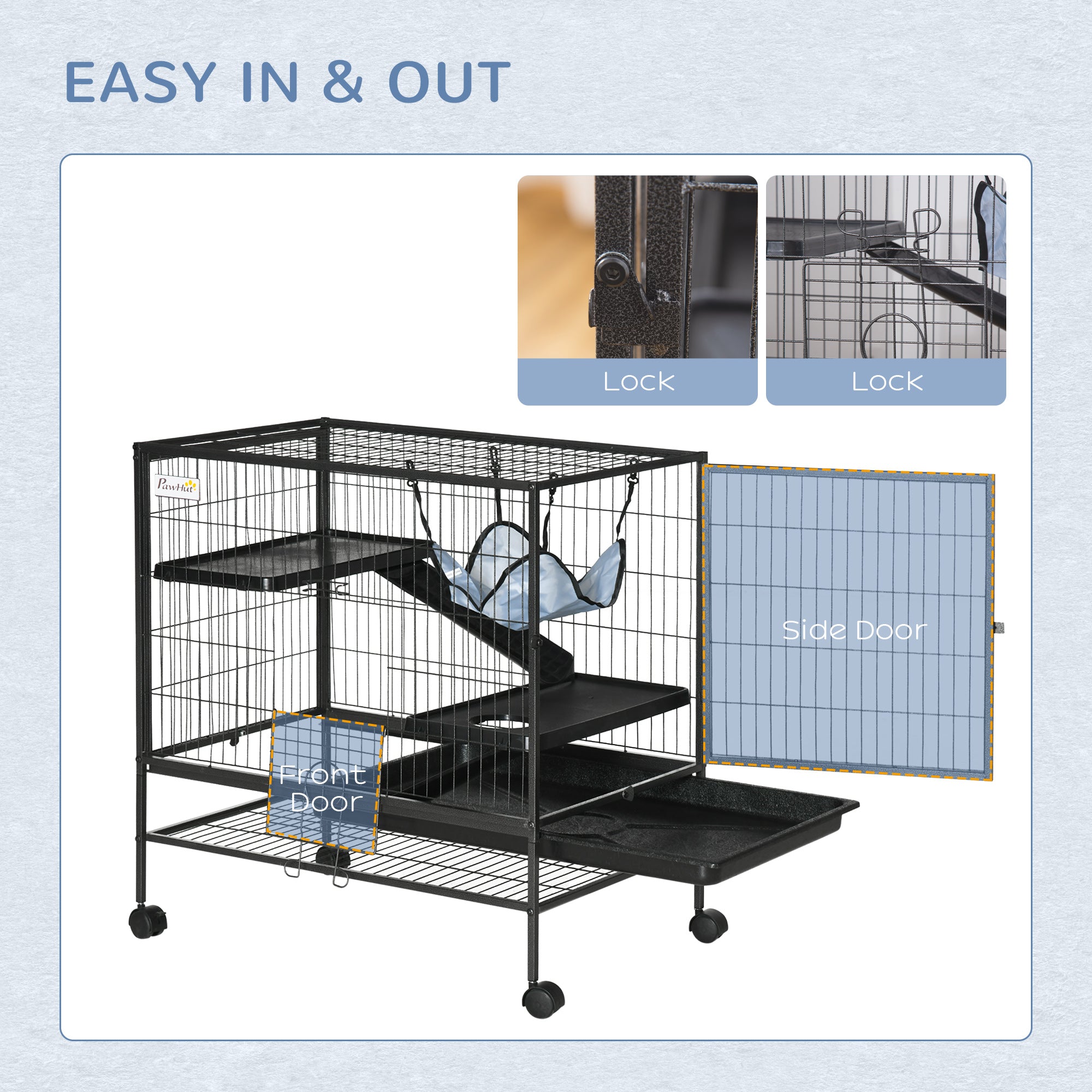 Small Animal Cage with Wheels, Pet Playpen for Rat, Syrian Hamster, Kitten, Ferrets, Chinchillas with Bottom Storage Shelf, Removable Tray, Ramp, 31.5" x 20.5" x 33.1" - Black - Image 8