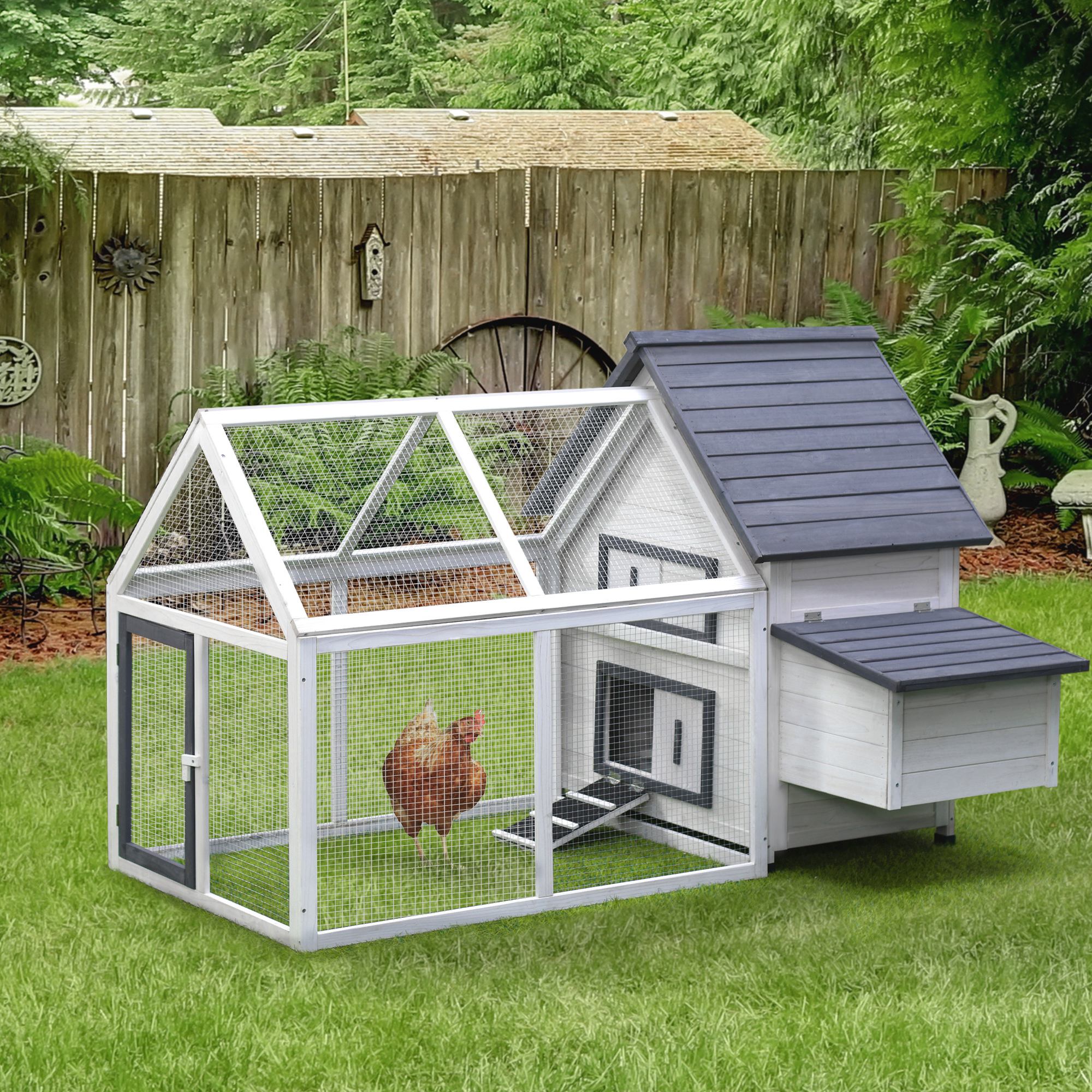 65" Chicken Coop Wooden Chicken House Rabbit Hutch Poultry Cage Hen Pen Backyard with Nesting Box, Ramp, Run - Dark Gray - Image 8