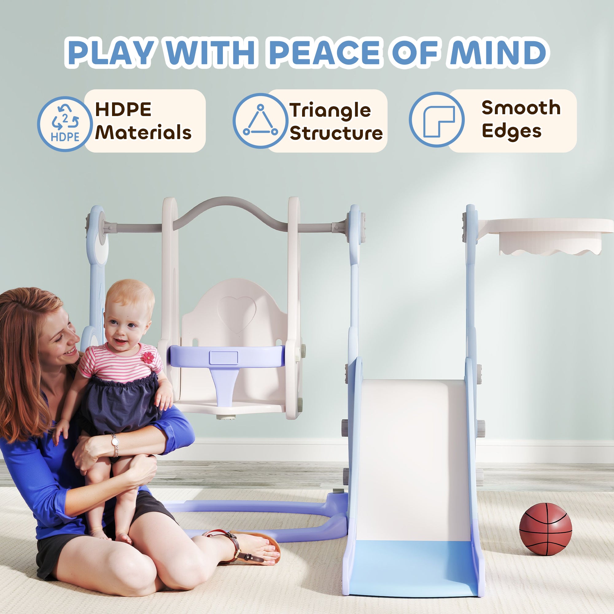 4 in 1 Toddler Slide and Swing Set for Ages 1.5-4, Toddler Playset Playground with Climber, Basketball Hoop, Light Blue