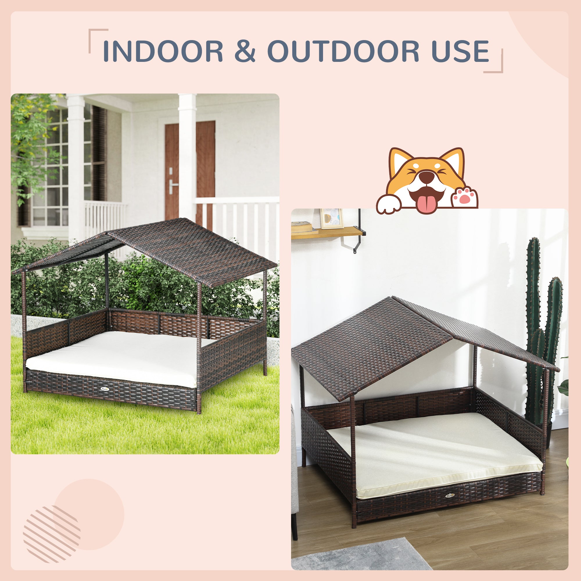 Outdoor Dog Bed with Canopy, Rattan Dog Bed with Soft Cushion Removable Cover for Medium and Large Dogs, Cream White - Cream White - Image 4