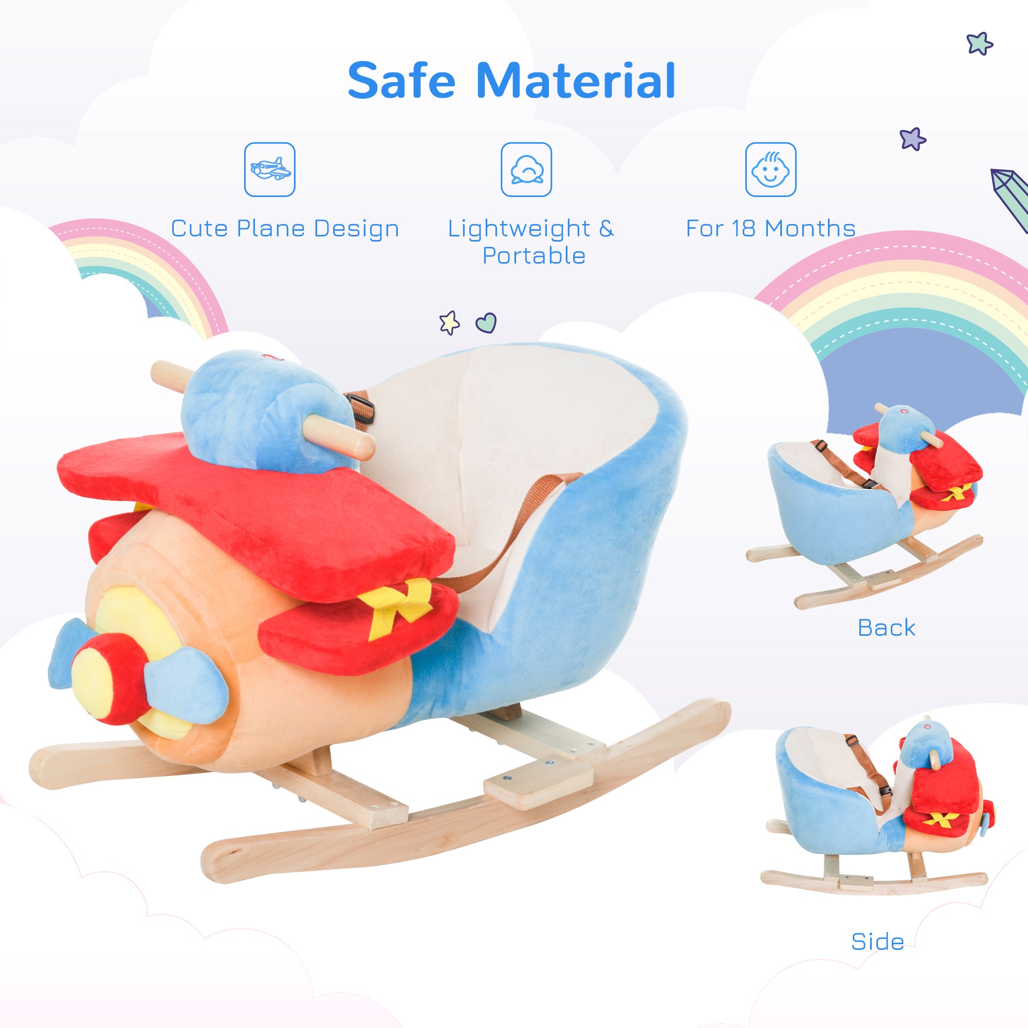 Kids Rocking Horse, Wooden Plush Ride-on Plane Chair Toy with Lullaby Song and Seat Belt for 18 Month +