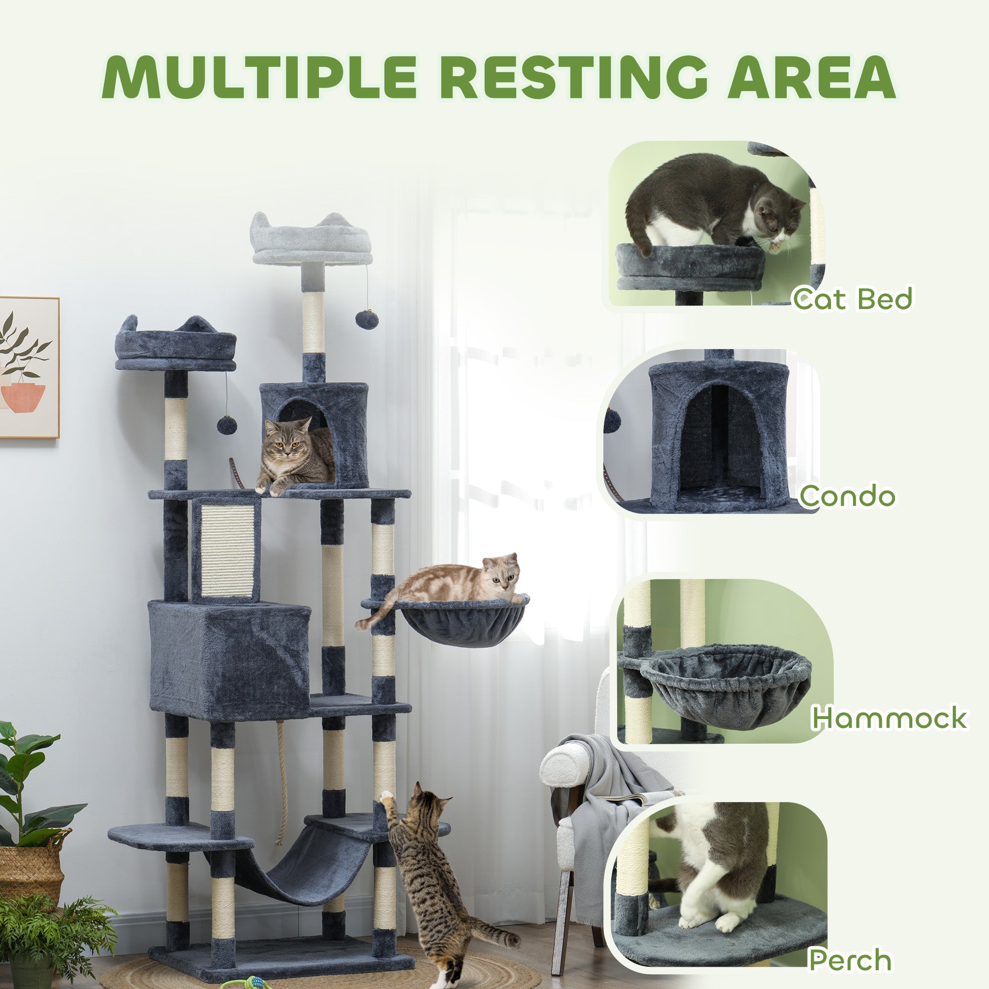 81" Cat Tree w/ Cat Scratching Posts, Scratching Board, Condos, Beds, Hammocks, Toy Balls, Rope Cat Toy, Gray - Dark Gray - Image 4