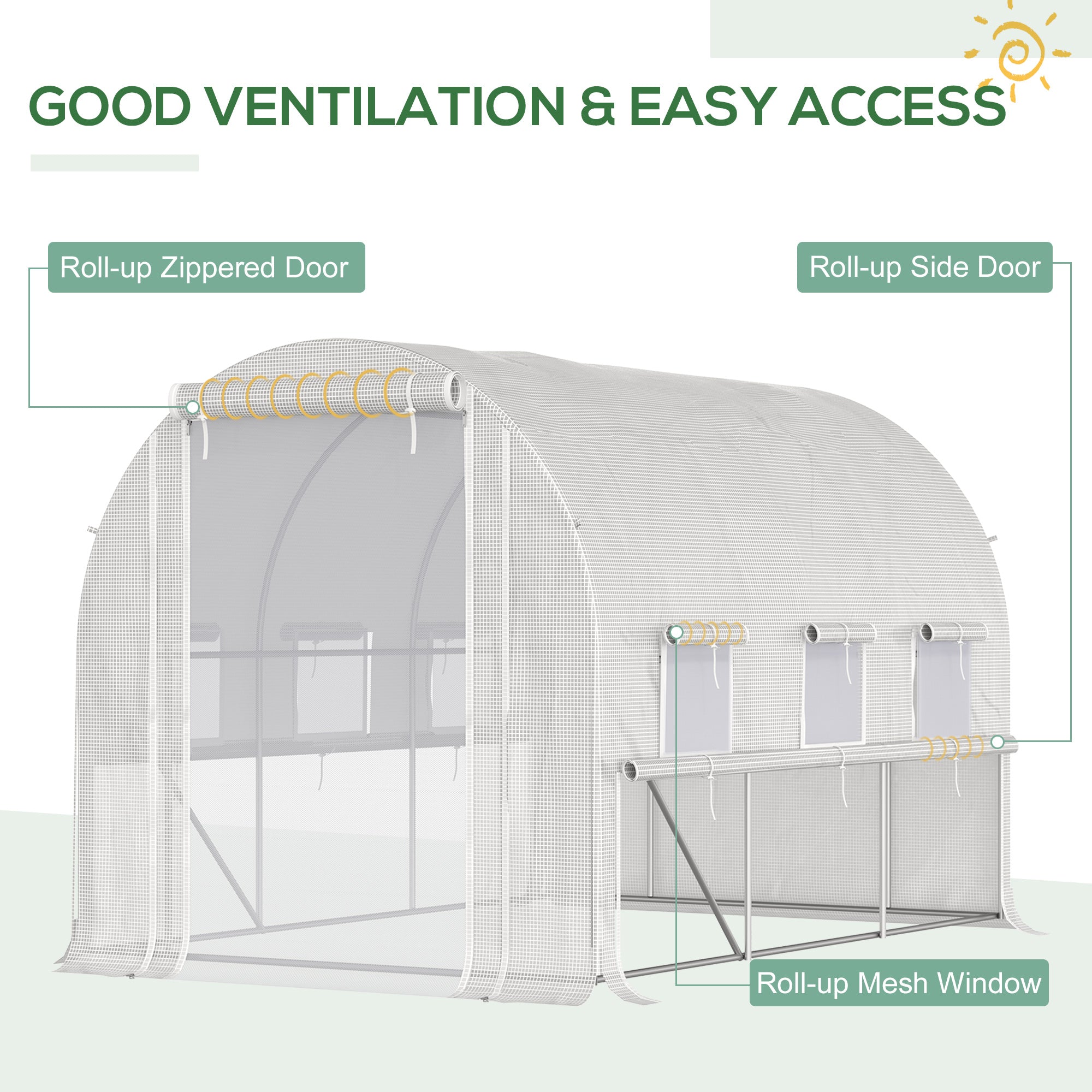 116.25" x 78.75" x 78.75" Walk-in Tunnel Greenhouse, Mesh Windows, Bottom Vents, Zippered Door, PE Cover, Heavy Duty Steel Frame, White - White - Image 4