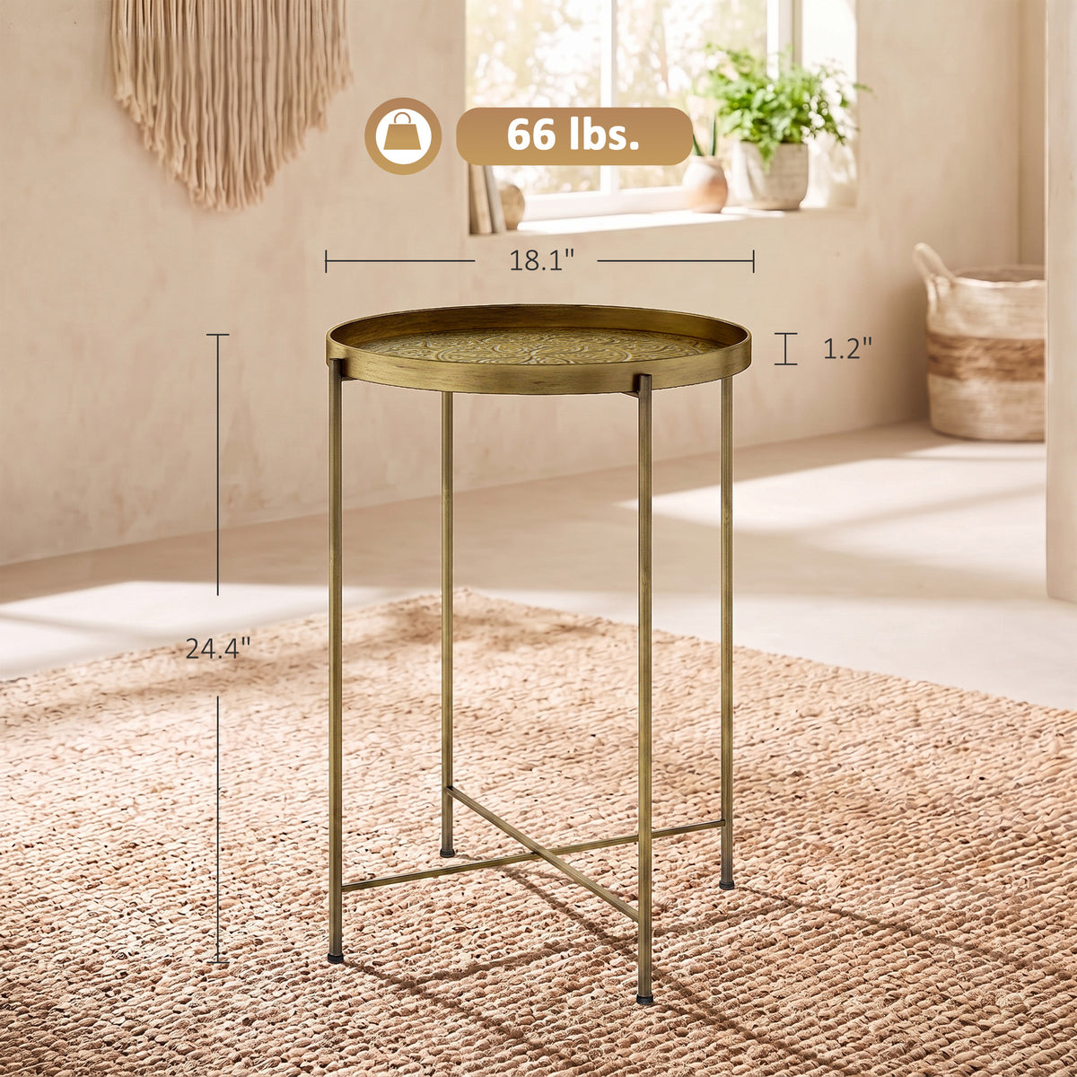 Coffee Table for Living Room, 18" Round Center Table with Hammered Tray Top and Metal Frame for Bedroom, Gold