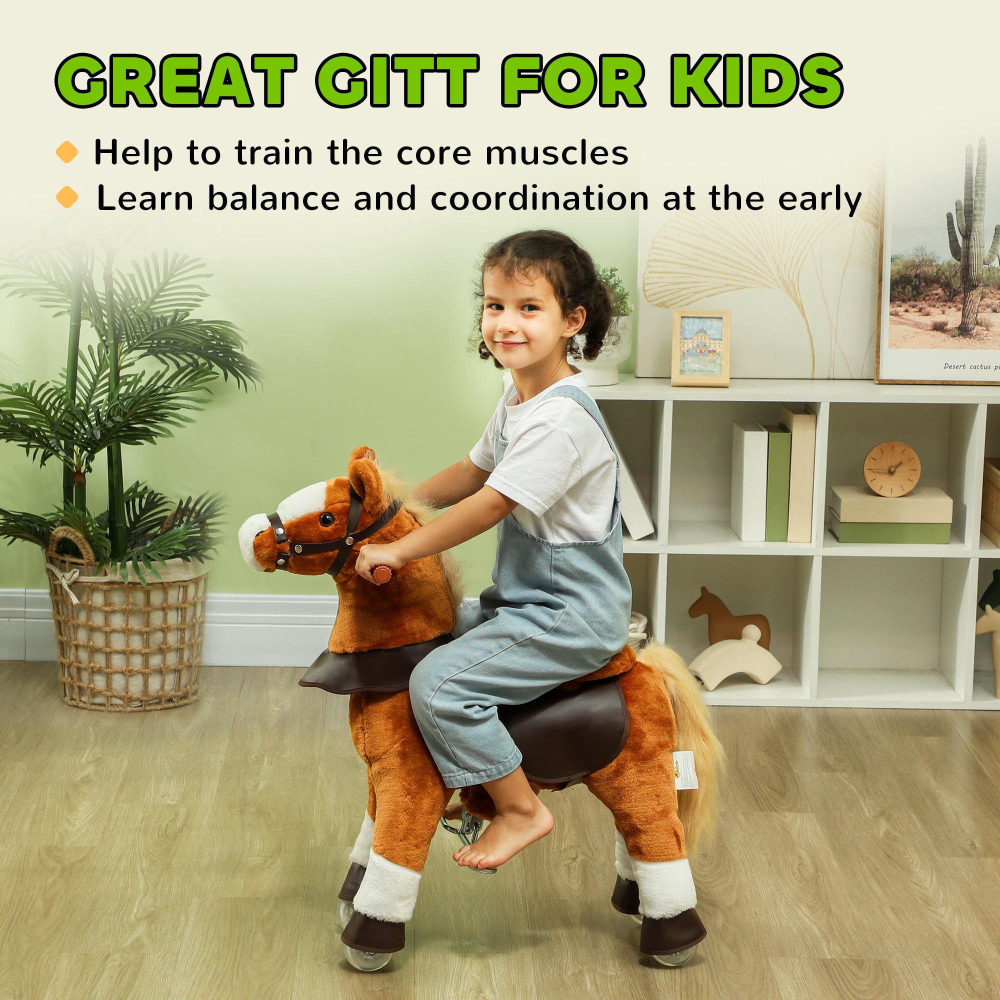 Ride on Horse, Walking Horse Toy, Kids Riding Pony w/ Wheels & Neighing Sounds for 3-5 Years, up to 132 Pounds