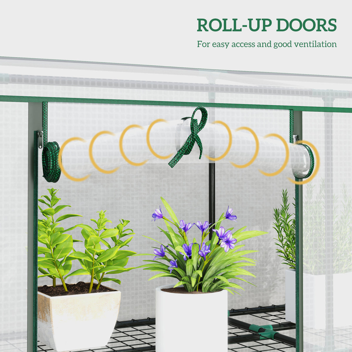 84.6" x 18.1" x 56.7" Lean-to Mini Greenhouse, 3-Tier Shelves, 3 Roll-Up Doors, PE Cover, White