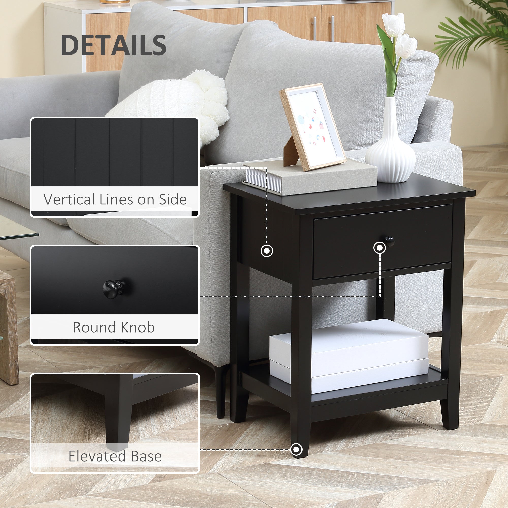 Modern Side Table for Living Room, End Table, 2-tier Side Table with Drawer and Storage Shelf, Black