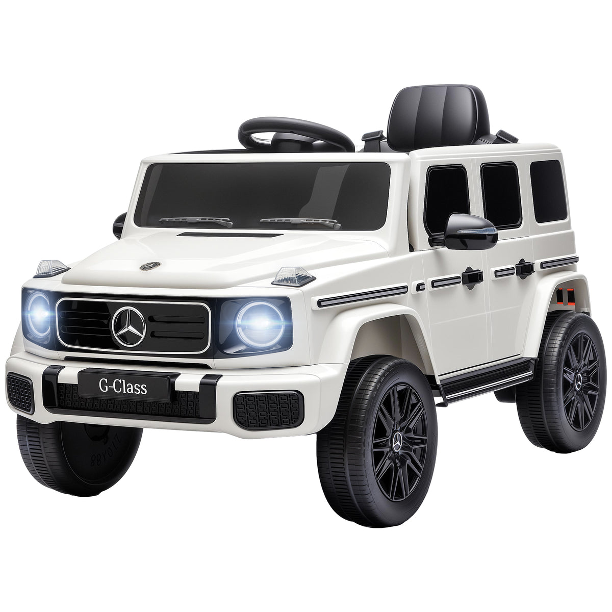 Licensed Mercedes-Benz G580 12V Kids Ride On Car with Remote, Soft Start, Headlights, Seat Belt, Music, USB, Horn, White