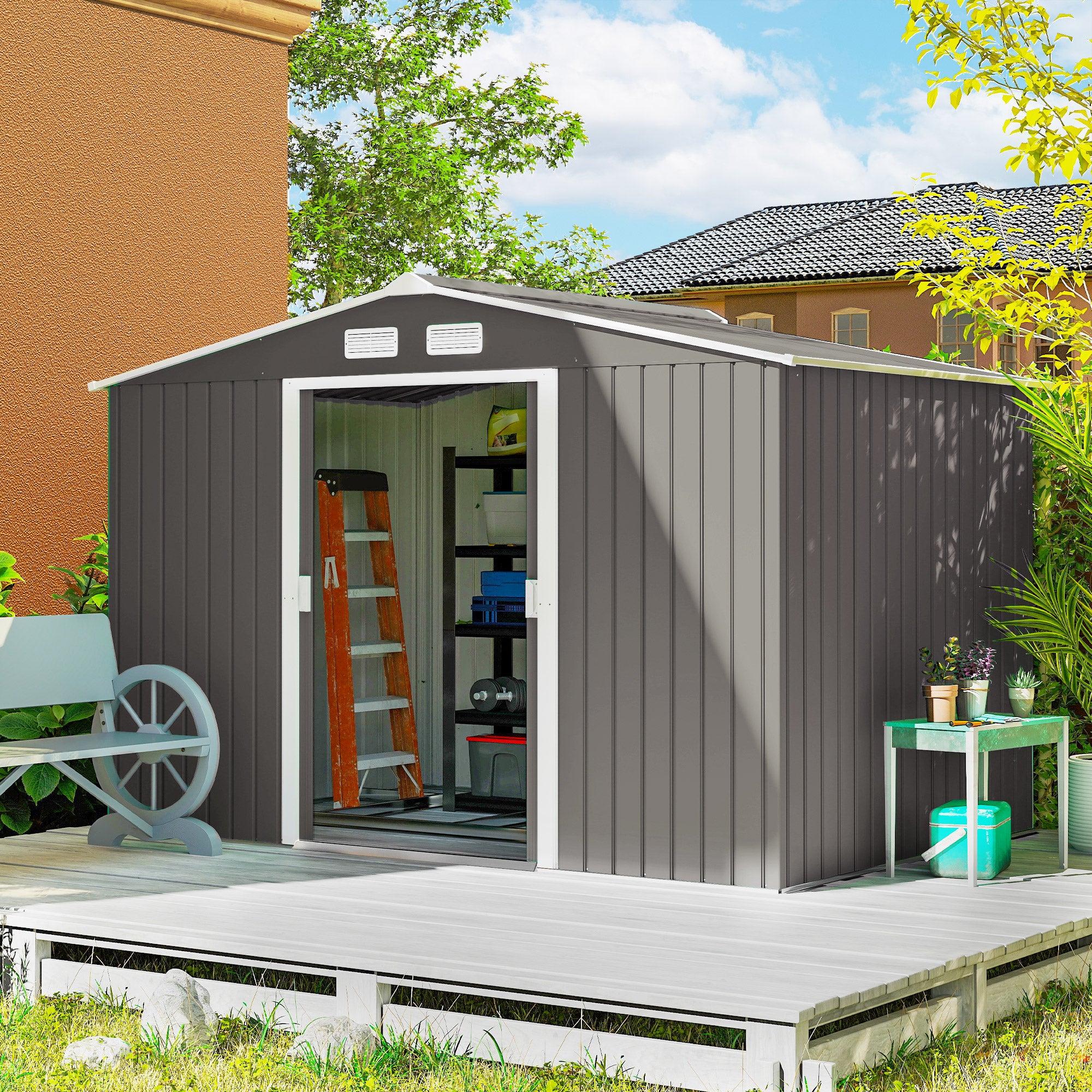 9' x 6' Outdoor Storage Shed, Garden Tool Metal Shed with Foundation Kit, Light Gray - Light Gray - Image 2