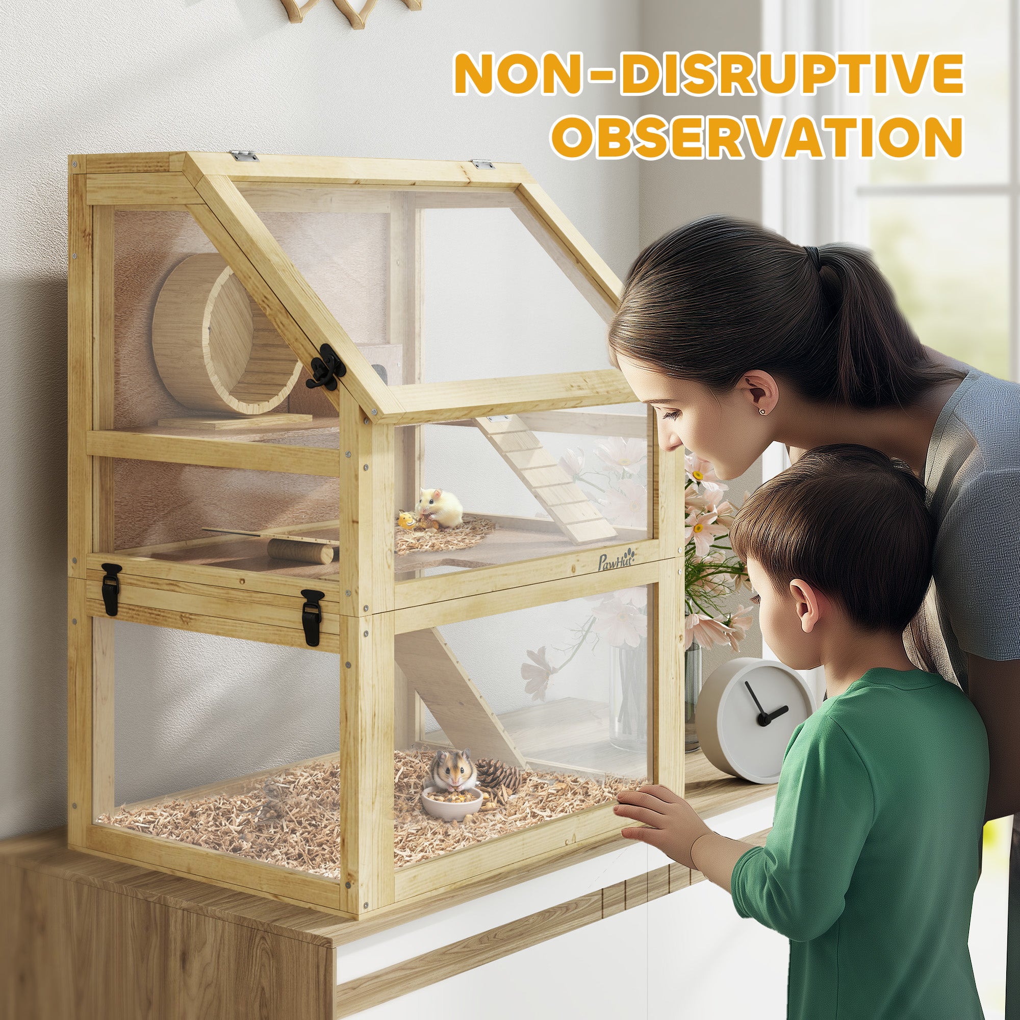 3 Tier Wooden Hamster Cage w/ Detachable Bottom, Hut, Seesaw, Exercise Wheel, Ramps, 24" x 16" x 29.5" - Natural Wood - Image 7