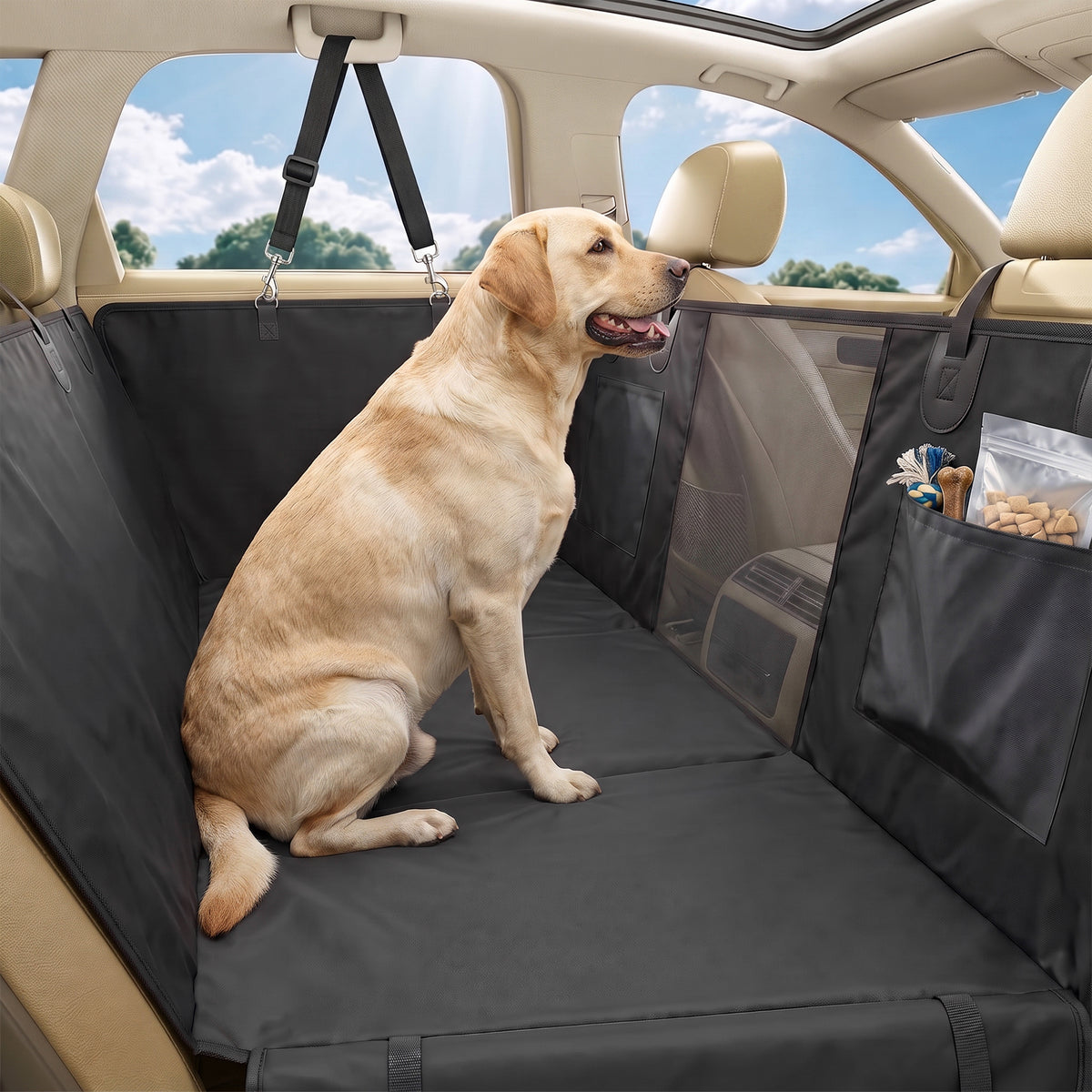 Dog Car Seat Cover for Back Seat, Hard Bottom Back Seat Extender, Waterproof Dog Hammock for Car & SUV, 58"L, Black