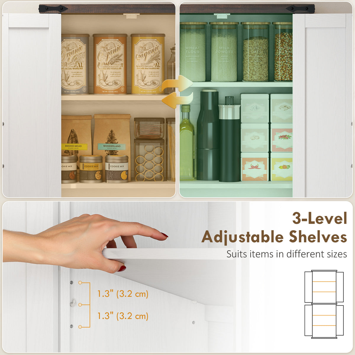 72" Tall Pantry Cabinet, Farmhouse Freestanding Kitchen Storage Cabinet with Adjustable Shelves for Dining Room, White