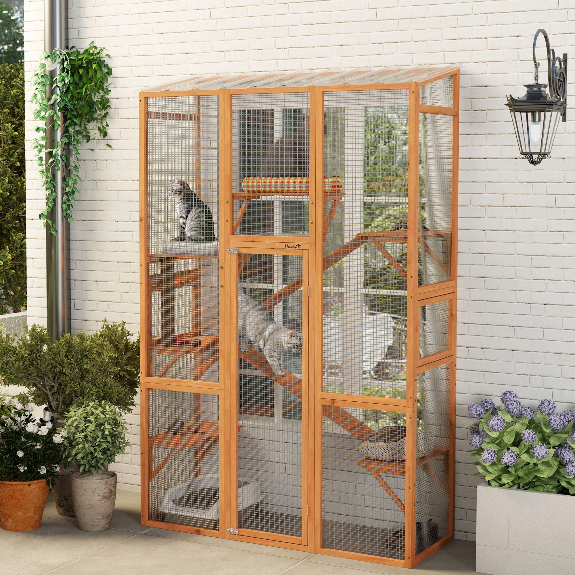 Outdoor Catio Cat Enclosure, Large Wooden Cat House with 6 Jumping Platforms, Scratching Post, 2 Ramps, for 2-3 Kittens - Orange - Image 2