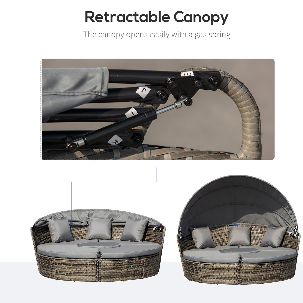 4-Piece Round Convertible Daybed with Cushions, Outdoor PE Rattan Patio Wicker Sofa Set, Dark Gray
