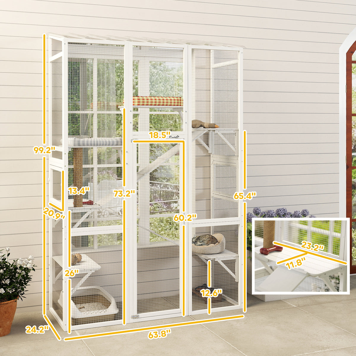 Outdoor Catio Cat Enclosure, Large Wooden Cat House with 6 Jumping Platforms, Scratching Post, 2 Ramps, for 2-3 Kittens
