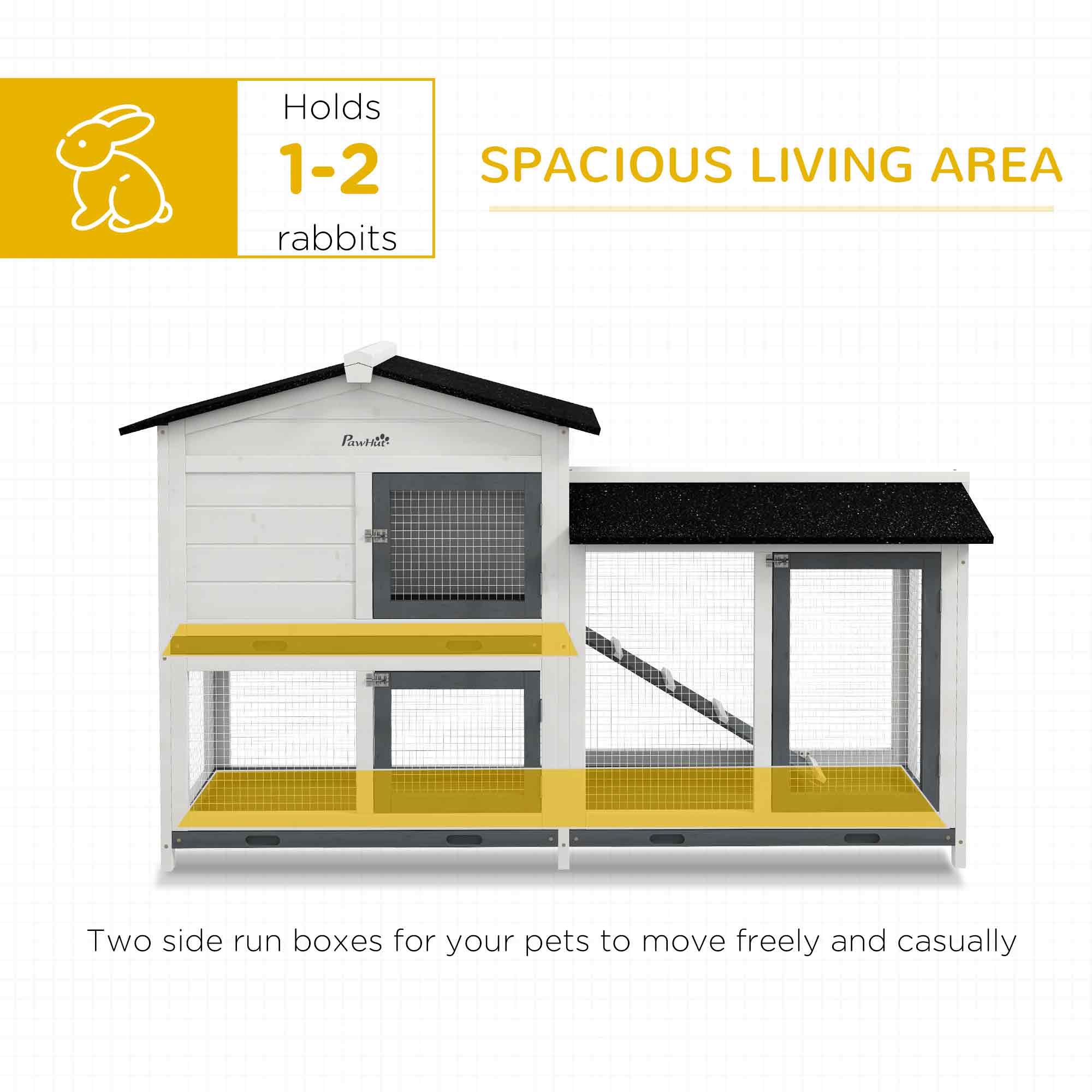 62" Rabbit Hutch, Wooden Bunny Hutch, Guinea Pig Cage, Small Animal Enclosure with Run Area, Removable Tray, Asphalt Roof, Lockable Doors and Ramp, for Rabbits, Chickens, Ducks, White - White - Image 5