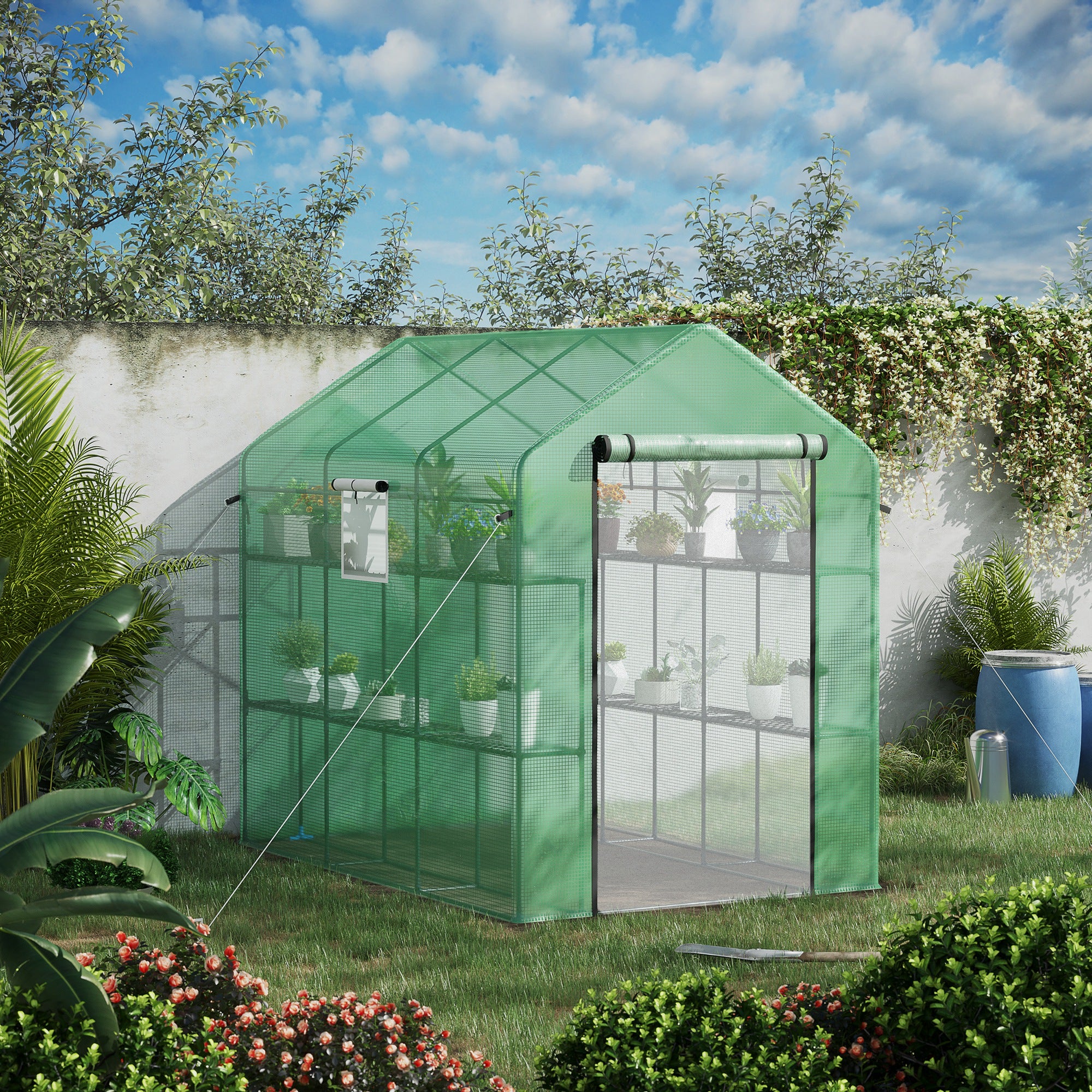 7' x 5' x 6' Walk-in Greenhouse for Outdoors with Mesh Door and Windows, 18 Shelf Hot House with Trellis, Plant Labels, UV Protective for Growing Flowers, Herbs, Vegetables, Saplings, Green - Green - Image 2