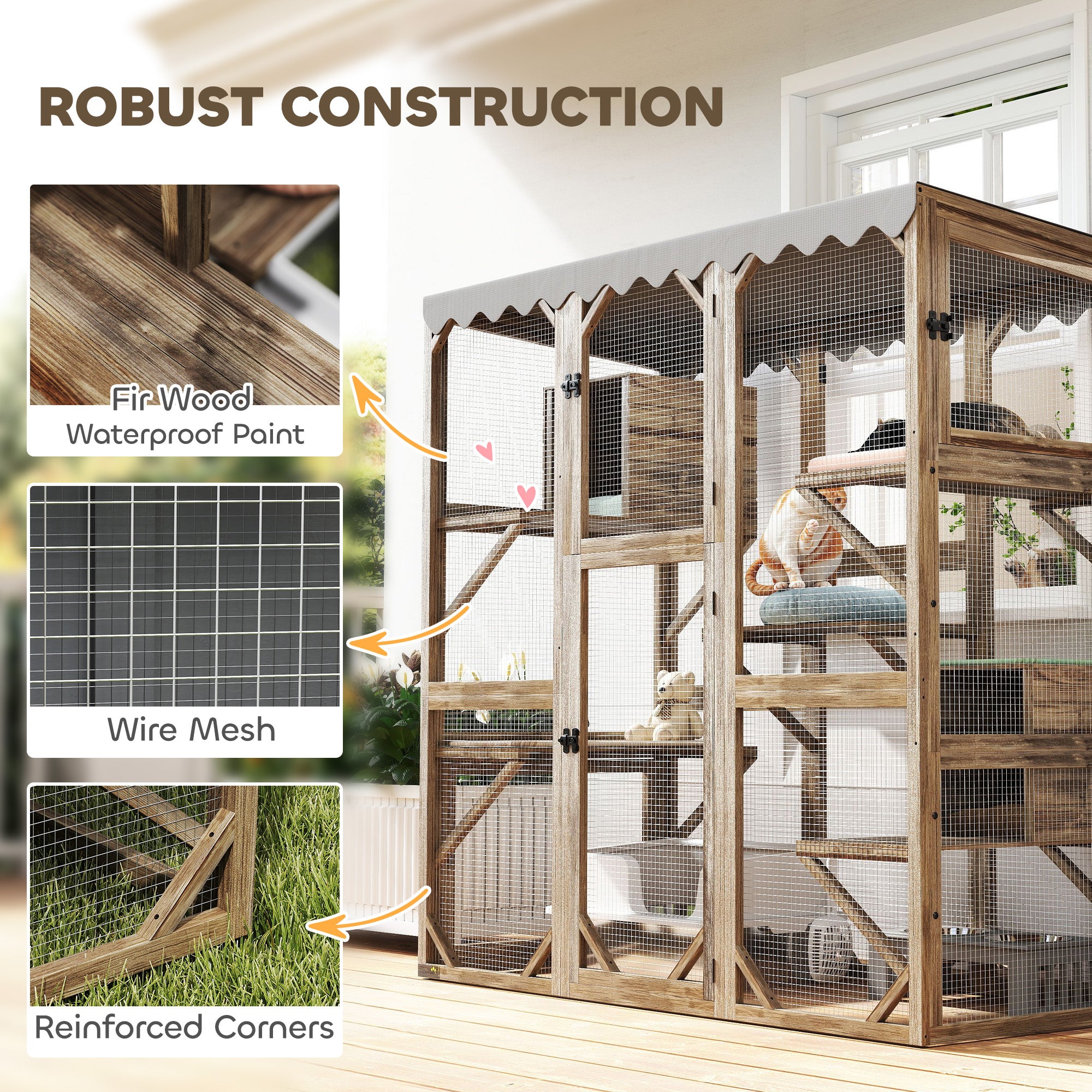 Outdoor Cat Enclosure with Window Access, 5 Platforms and 2 Resting Boxes, Waterproof Roof for Multiple Cats, Brown - Brown - Image 6