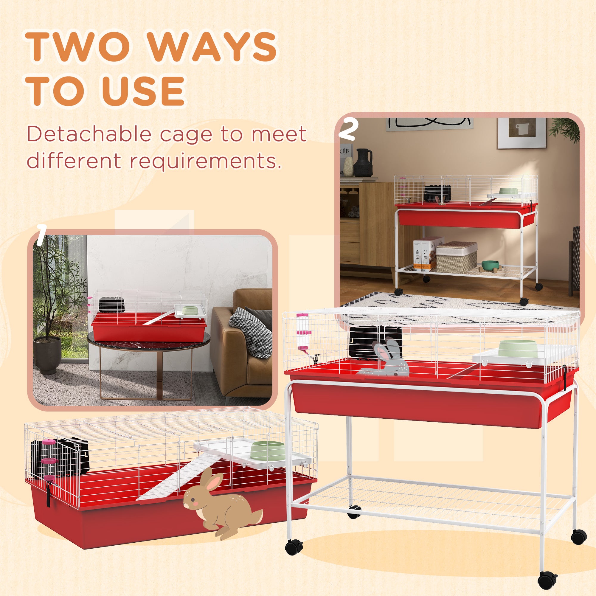 Two-Story Small Animal Cage Removable from Stand, Pet Habitat with Shelf & Wheels, 39" x 20.5" x 36.5", Red - Red - Image 4