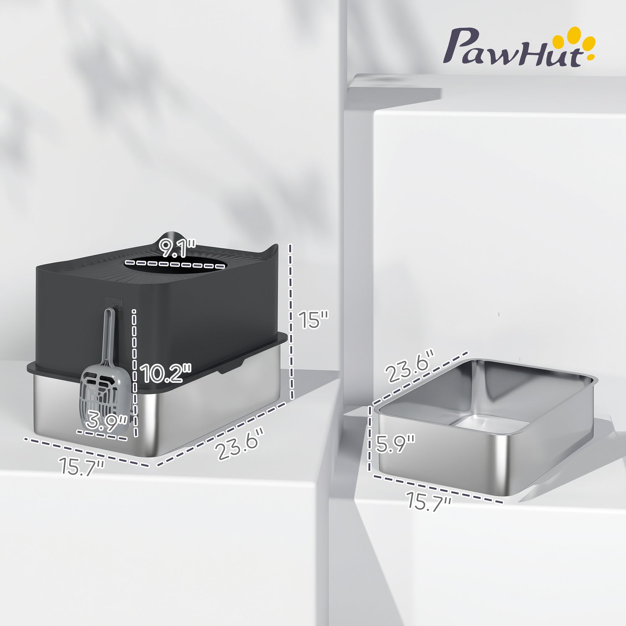 Extra Large Stainless Steel Litter Box, Enclosed Cat Litter Box with Scoop, Top Entrance, Non-slip Pads, Black - Black - Image 3