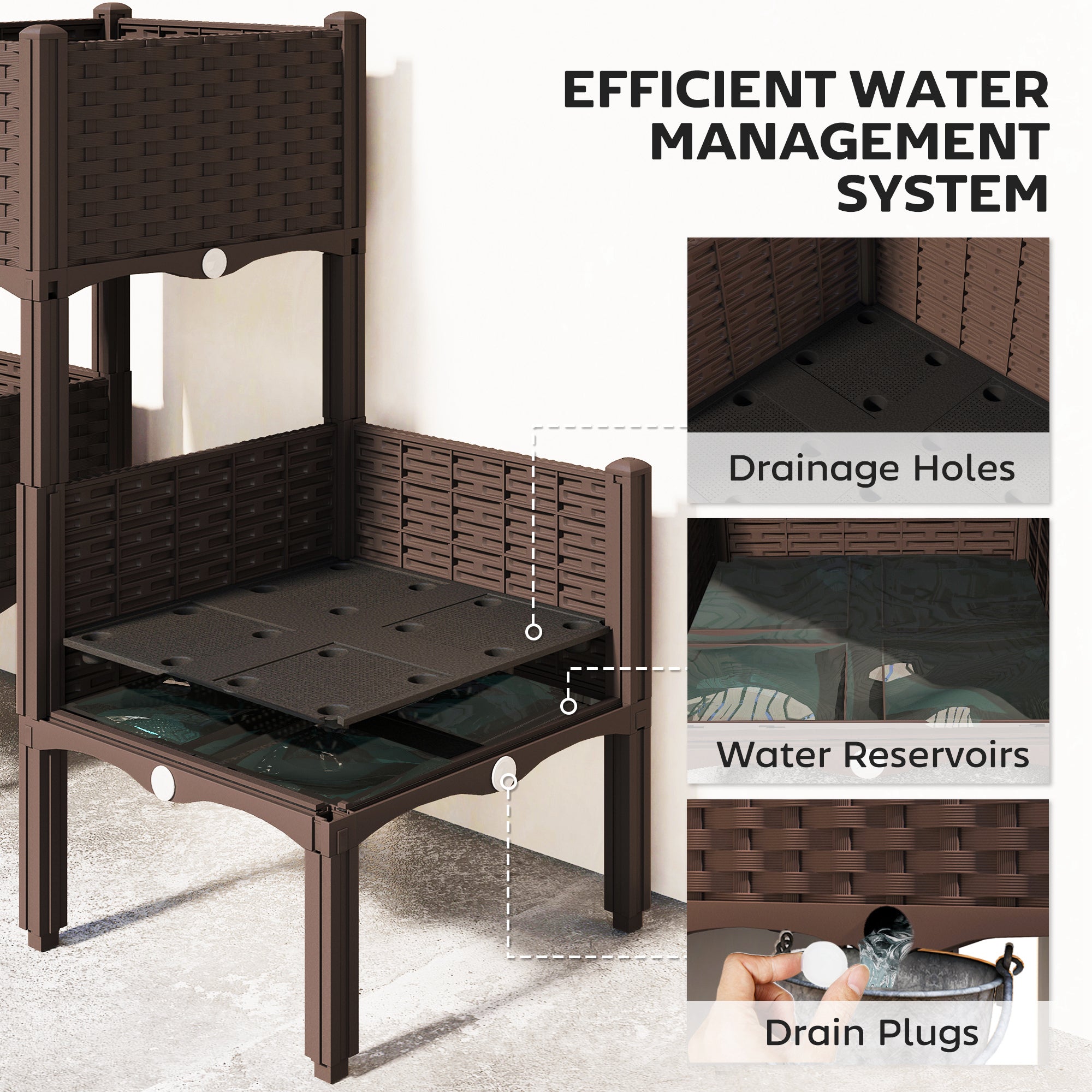 Plastic Raised Garden Bed with Legs, Self Watering Elevated Planter Boxes with Drainage Holes and Plugs, Easy Assembly - Brown - Image 7