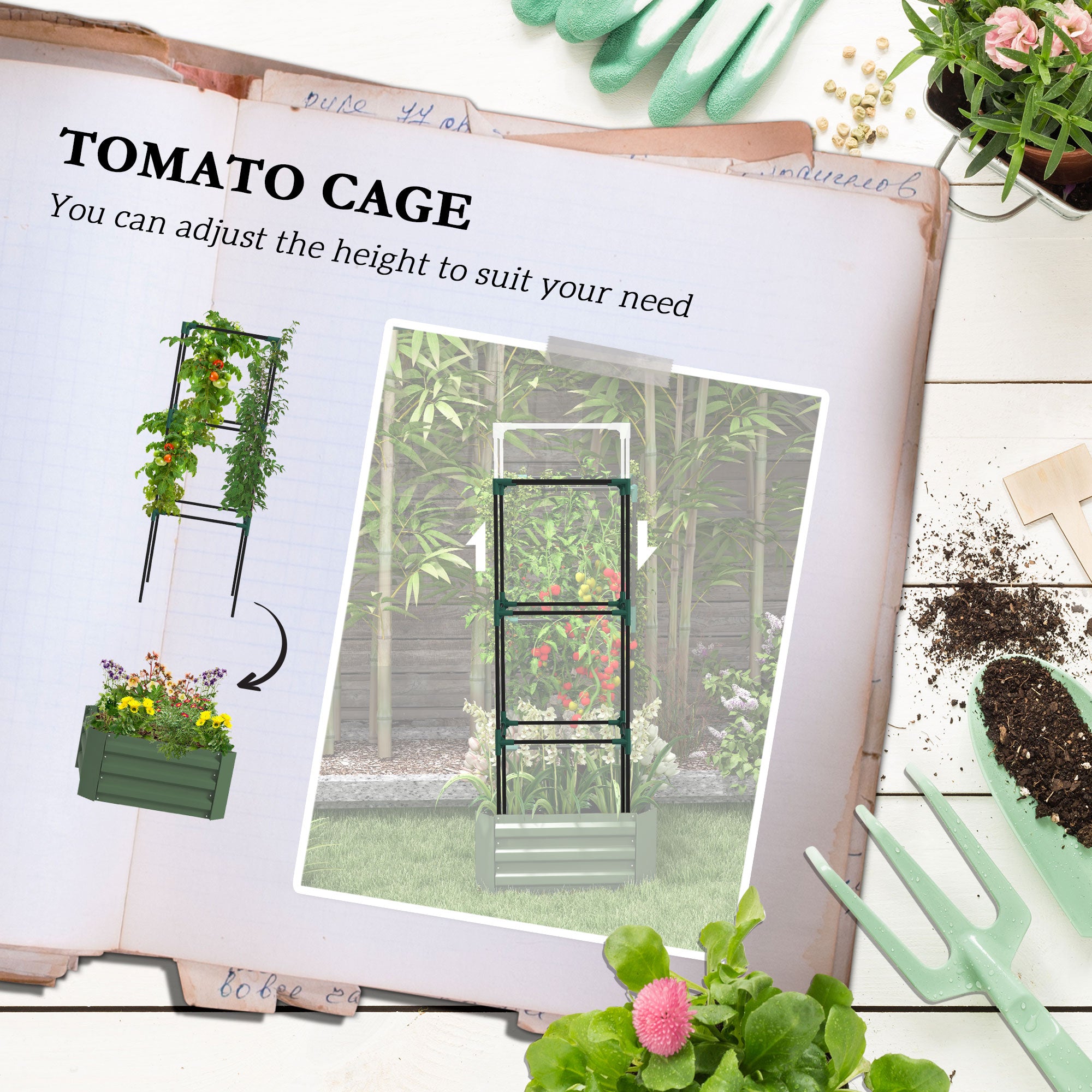 Galvanized Planter Box, 24" x 24" x 55" Raised Garden Bed with Tomato Cage for Climbing Vines, Green - Green - Image 4