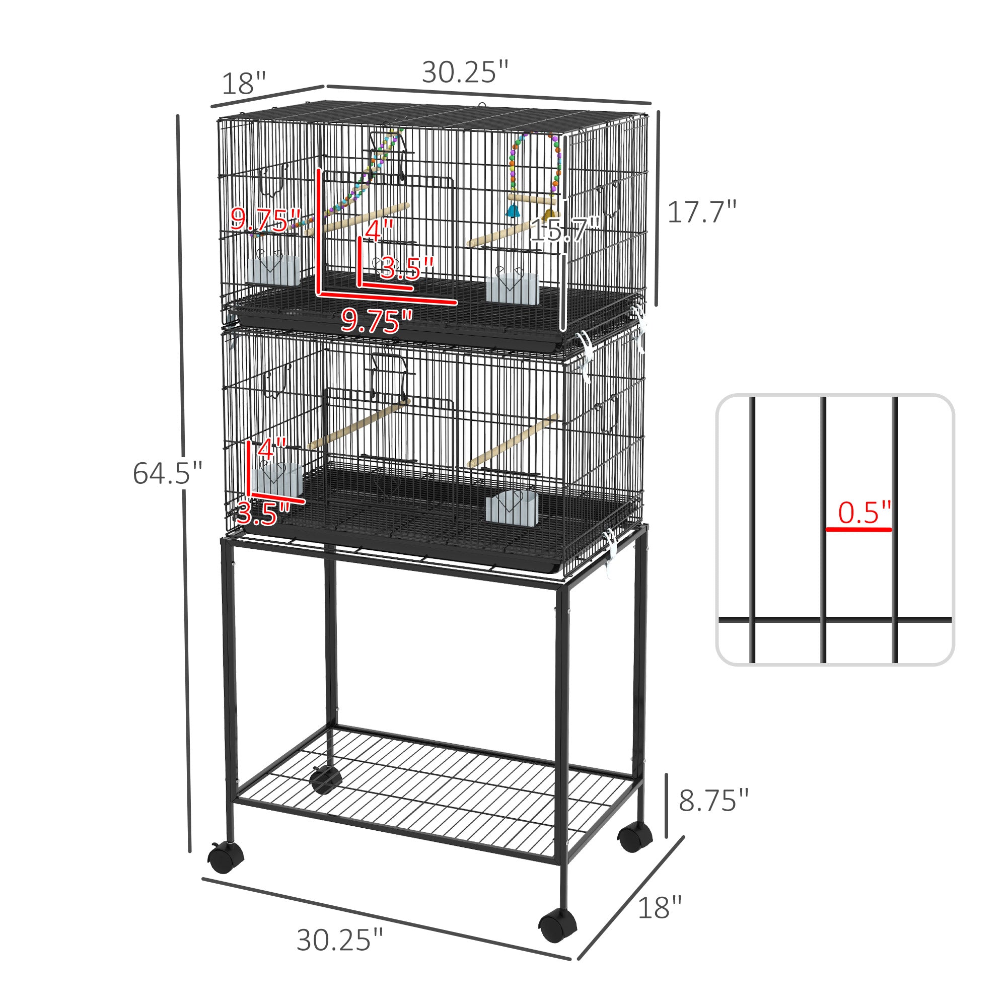 Double Stackable Bird Cage on Wheels w/ Stand, for Canaries - Black - Image 3
