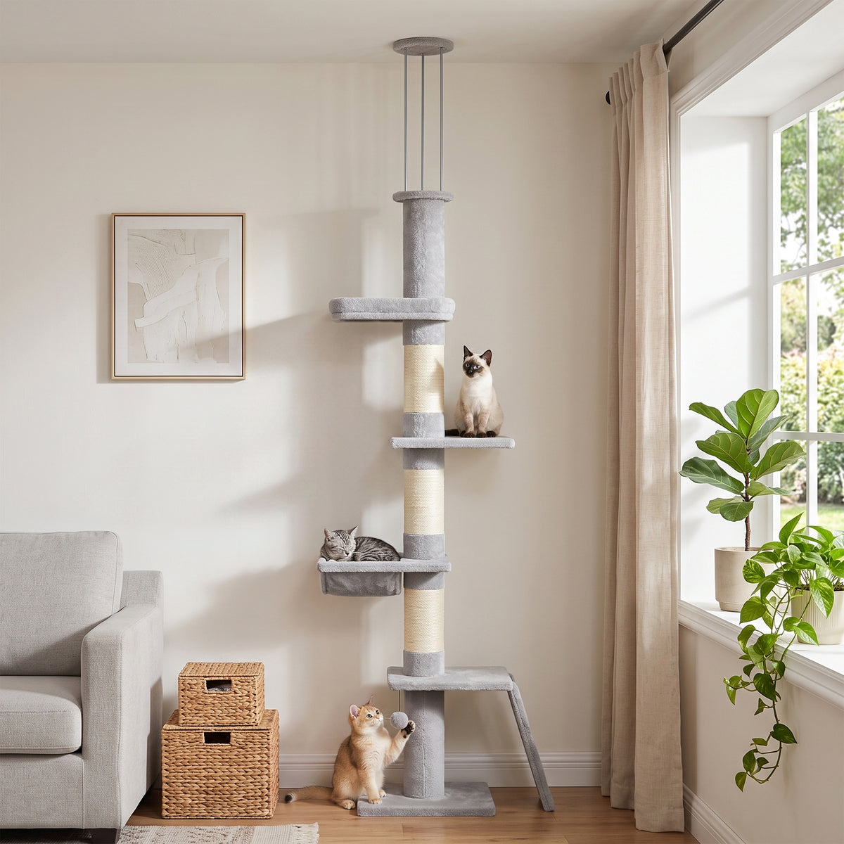 90.6" -102.4" Floor-to-Ceiling Cat Tree Adjustable Height with 3-Rod Support, 5-Level Cat Tower, Light Gray