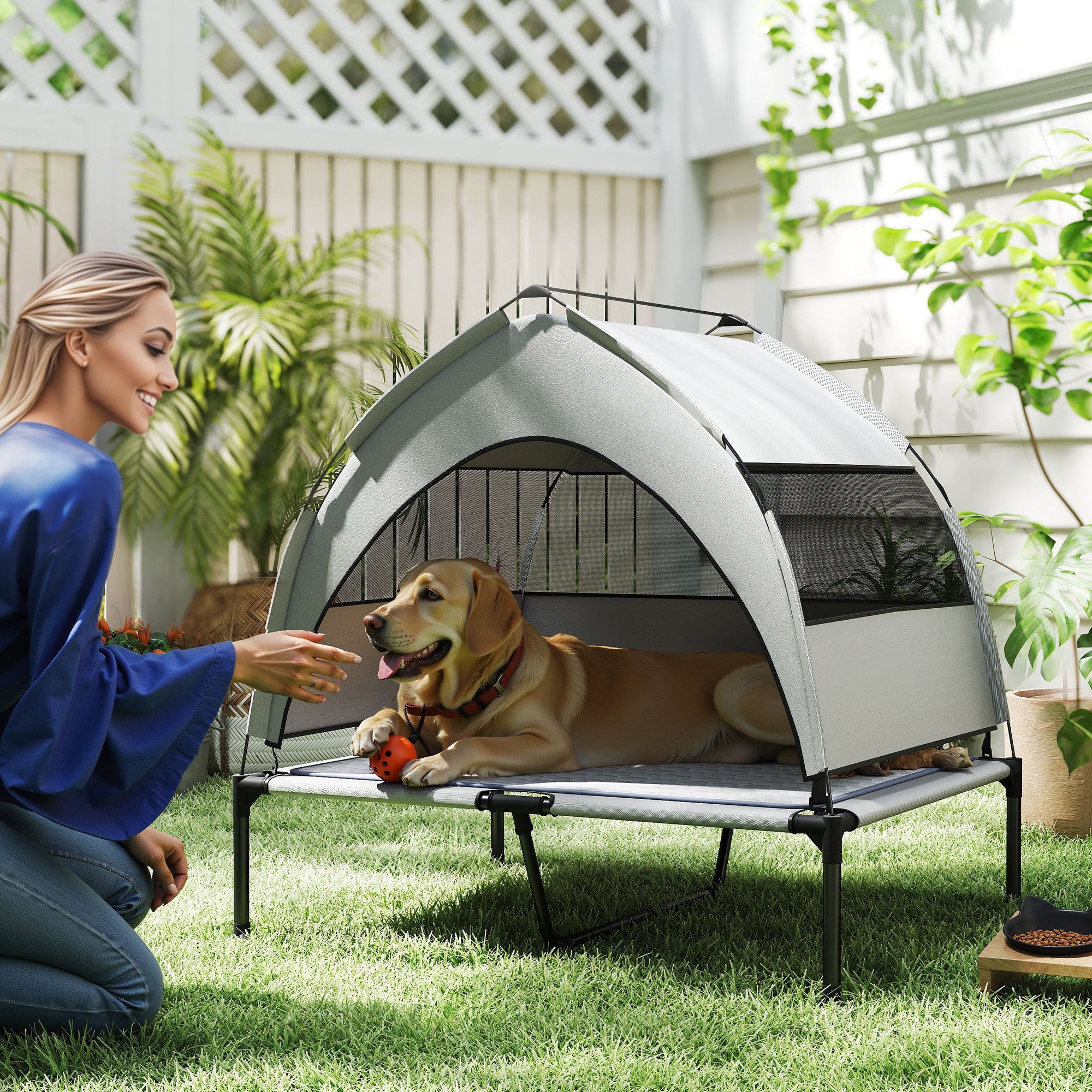 Elevated Dog Bed with Removable Canopy, Portable Outside Raised Pet Cot with Cooling Pad, Storage Bag, 36" x 29.5" x 35" - Light Gray - Image 2