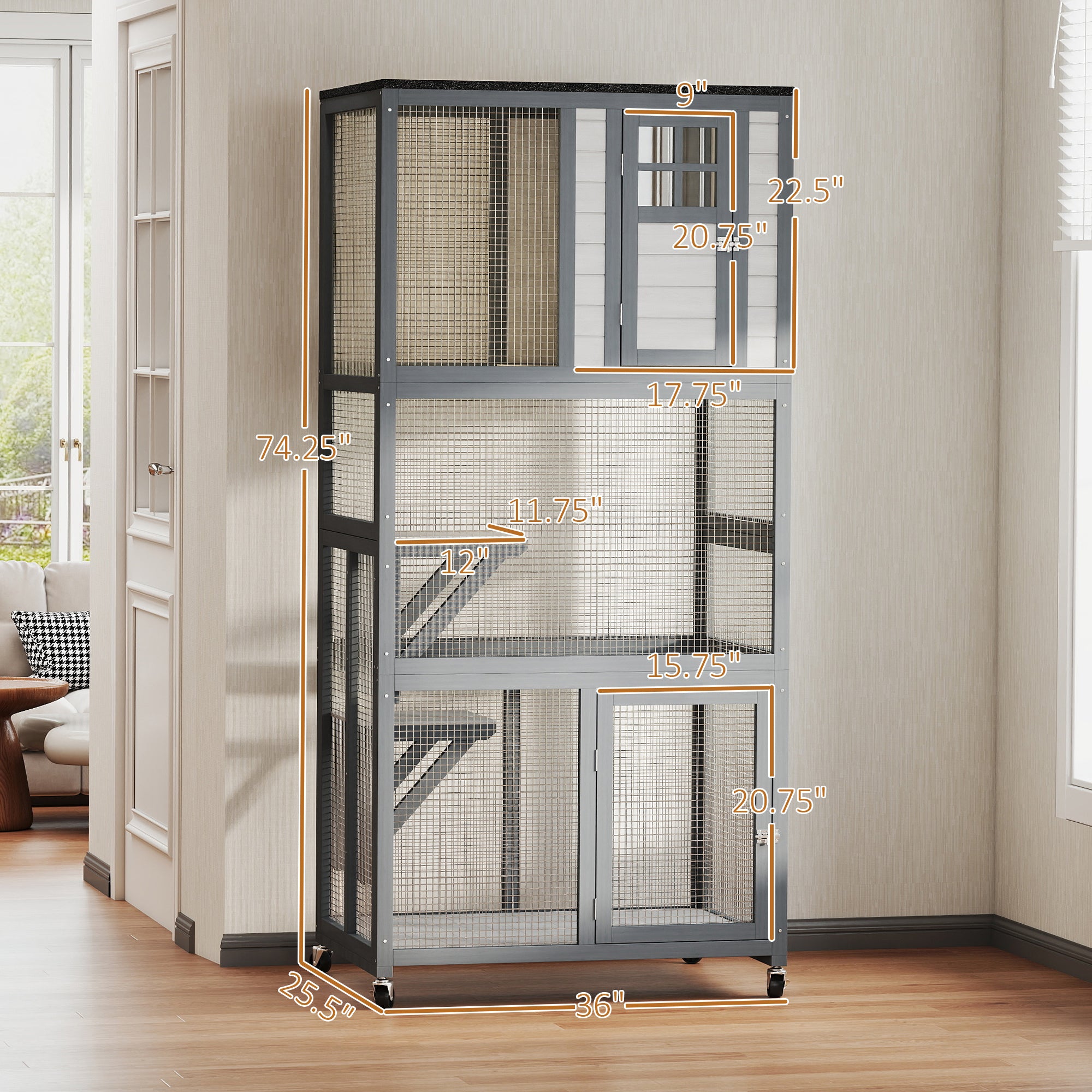 74" Wooden Outdoor Cat House Catio with High Weight Capacity, Cat Cage Condo, Dark Gray - Light Gray - Image 3
