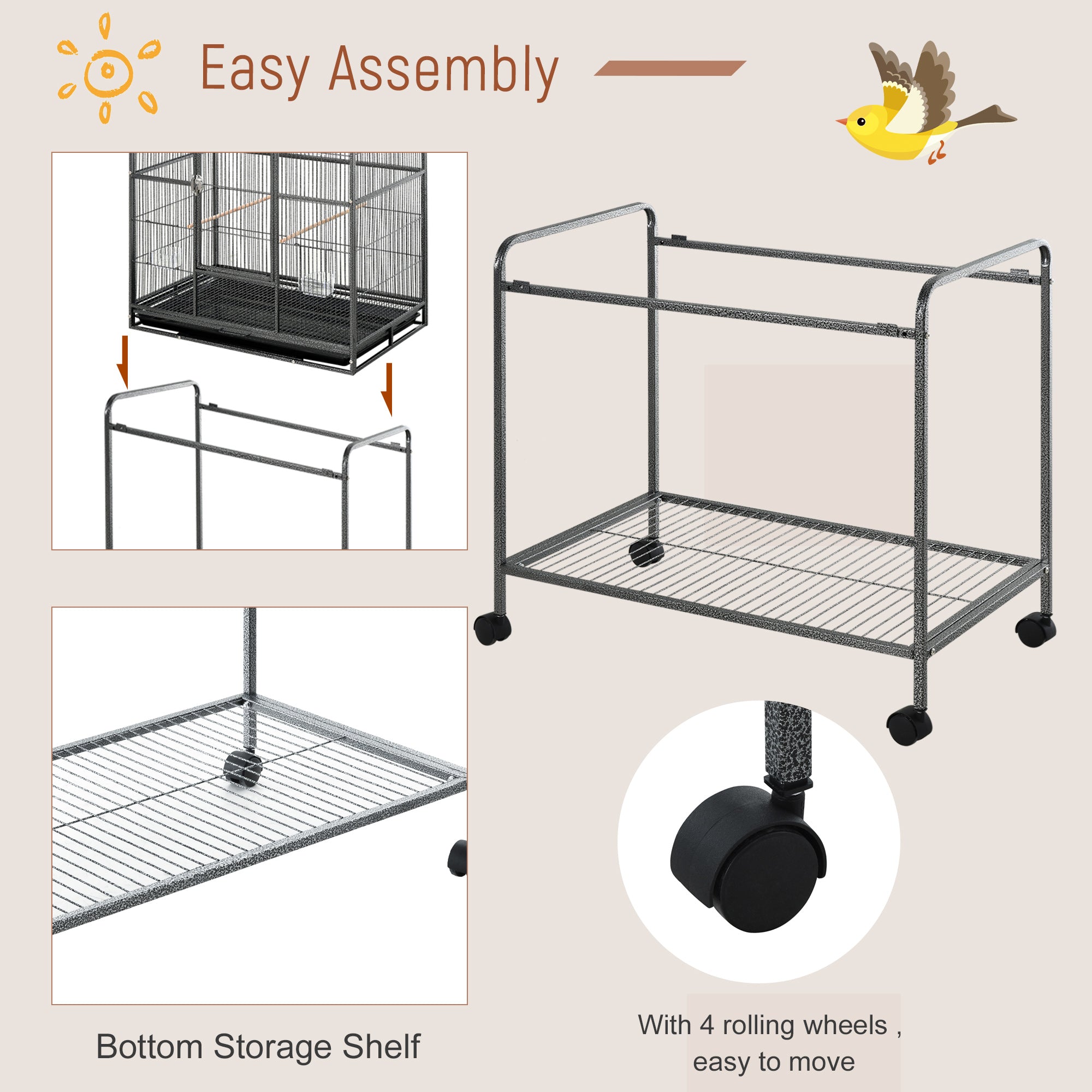 30" Rolling Metal Bird Cage Feeder with Detachable Rolling Stand, Storage Shelf, Wood Perch & Food Container - Black and Gray - Image 4