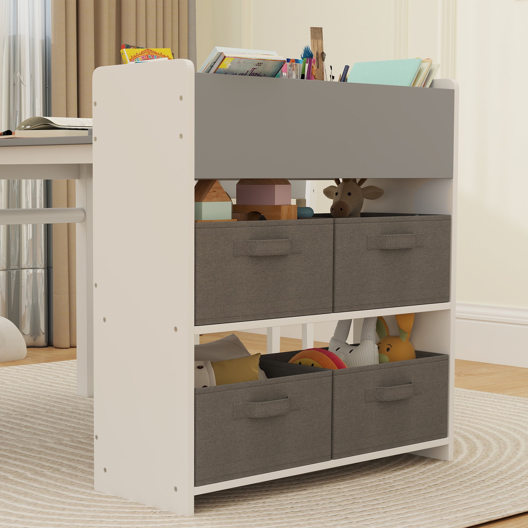 Kids Desk and Chair Set with Paper Roll, Kids Activity Craft Table with Storage Shelves and Drawers, Gray