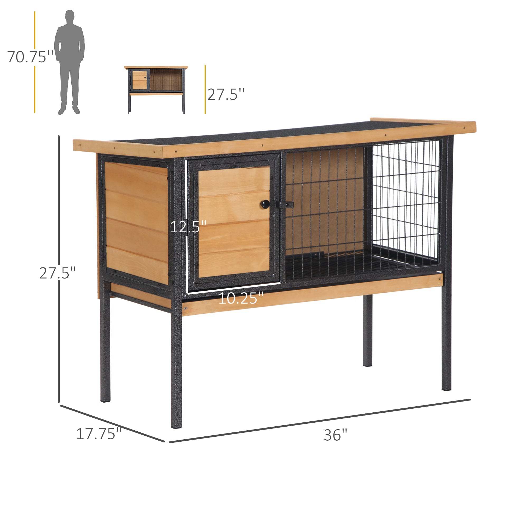 Rabbit Hutch Elevated Bunny Cage Small Animal Habitat with Metal Frame, No Leak Tray, Metal Wire Pan, Openable Water-Resistant Asphalt Roof for Rabbits, Chickens, Ducks, Indoor/Outdoor Natural - Natural Wood, Black - Image 3