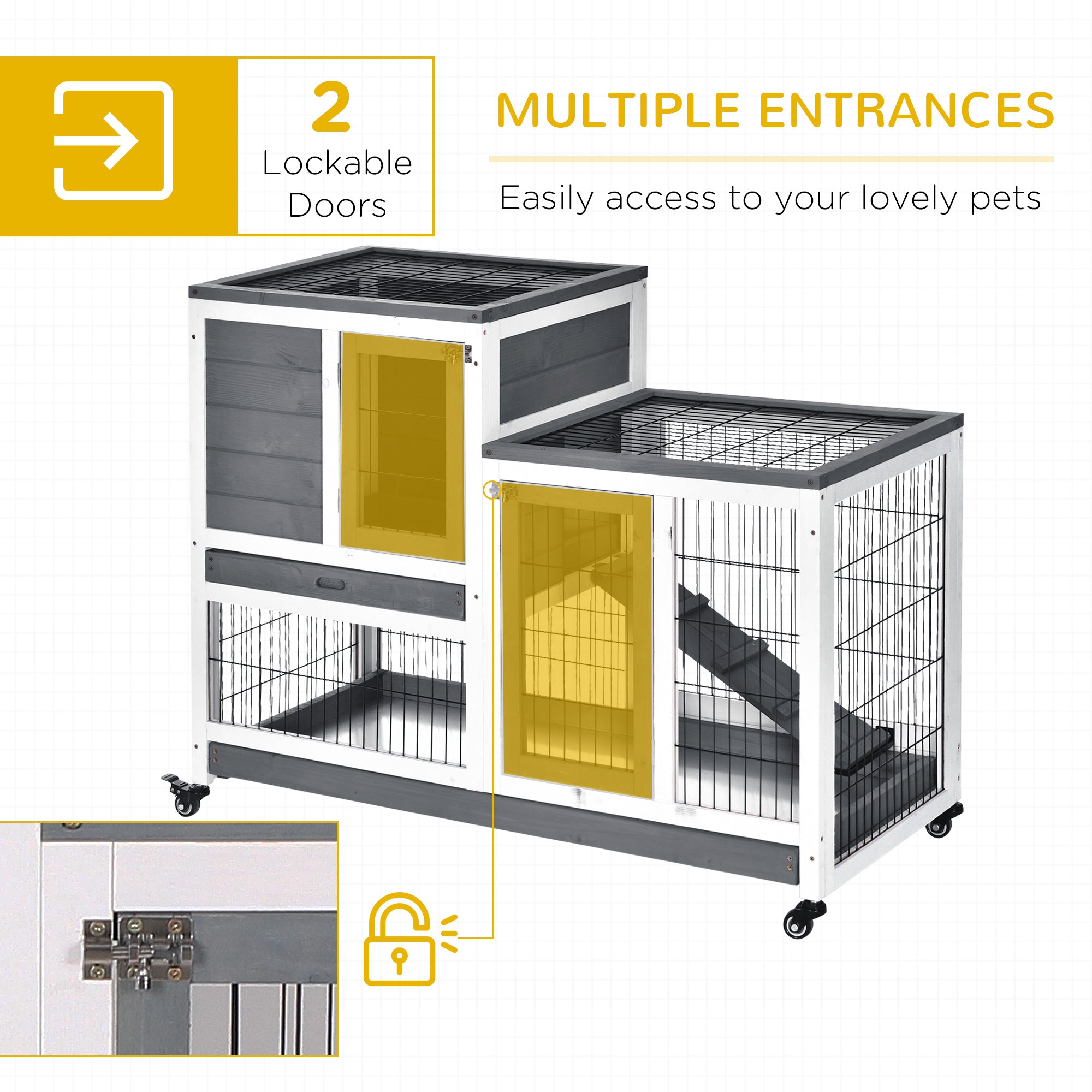 Wooden Rabbit Hutch Elevated Bunny Cage Indoor Small Animal Habitat with Enclosed Run with Wheels, Ramp, Removable Tray for Rabbits, Chickens, Ducks, Guinea Pigs, Gray - Gray, White - Image 5