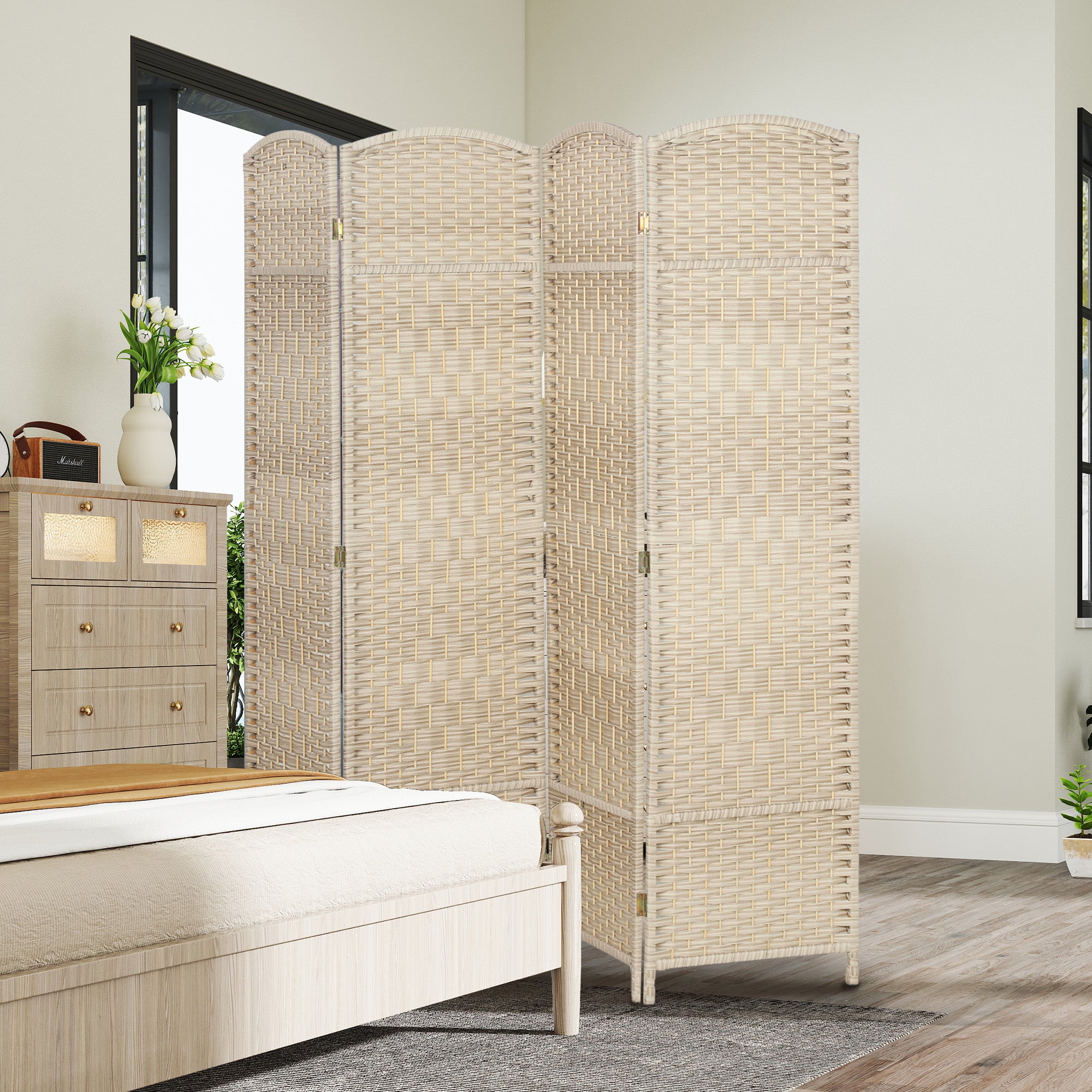 Folding Room Divider Screen 4 Panel 6' Tall Privacy Screen Freestanding Wood Partition for Home Office, Washed Oak