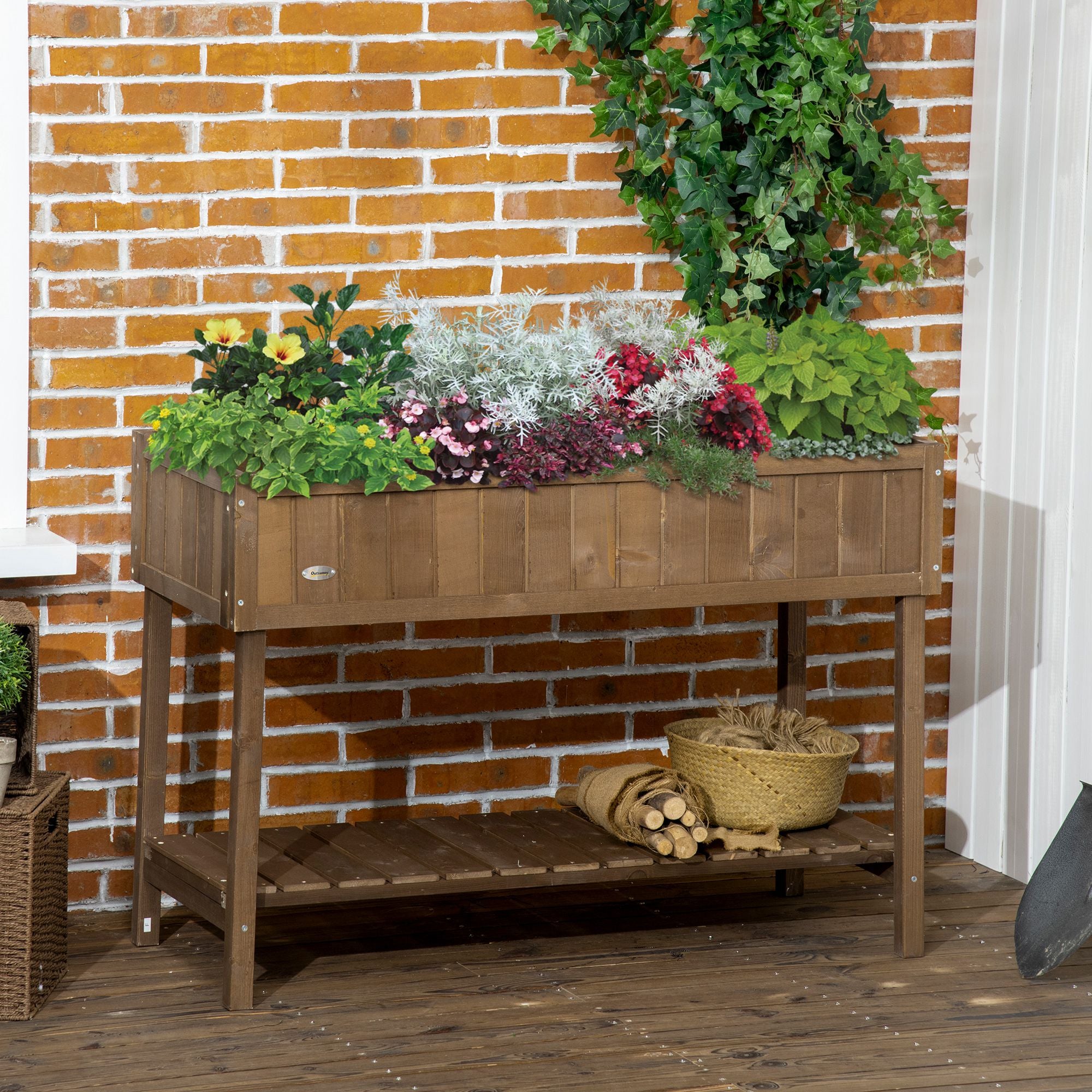Wooden Raised Garden Bed, Elevated Planter Box Stand with 8 Slots and Open Shelf, Dark Brown - Brown - Image 2
