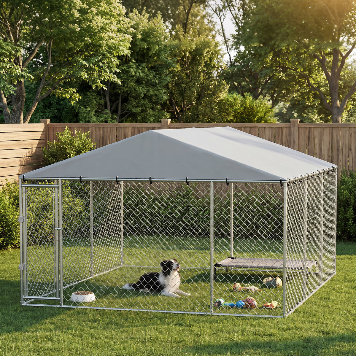 13' x 13' x 6.5' Dog Kennel Outdoor for Small Medium Dogs with Waterproof Roof, Silver