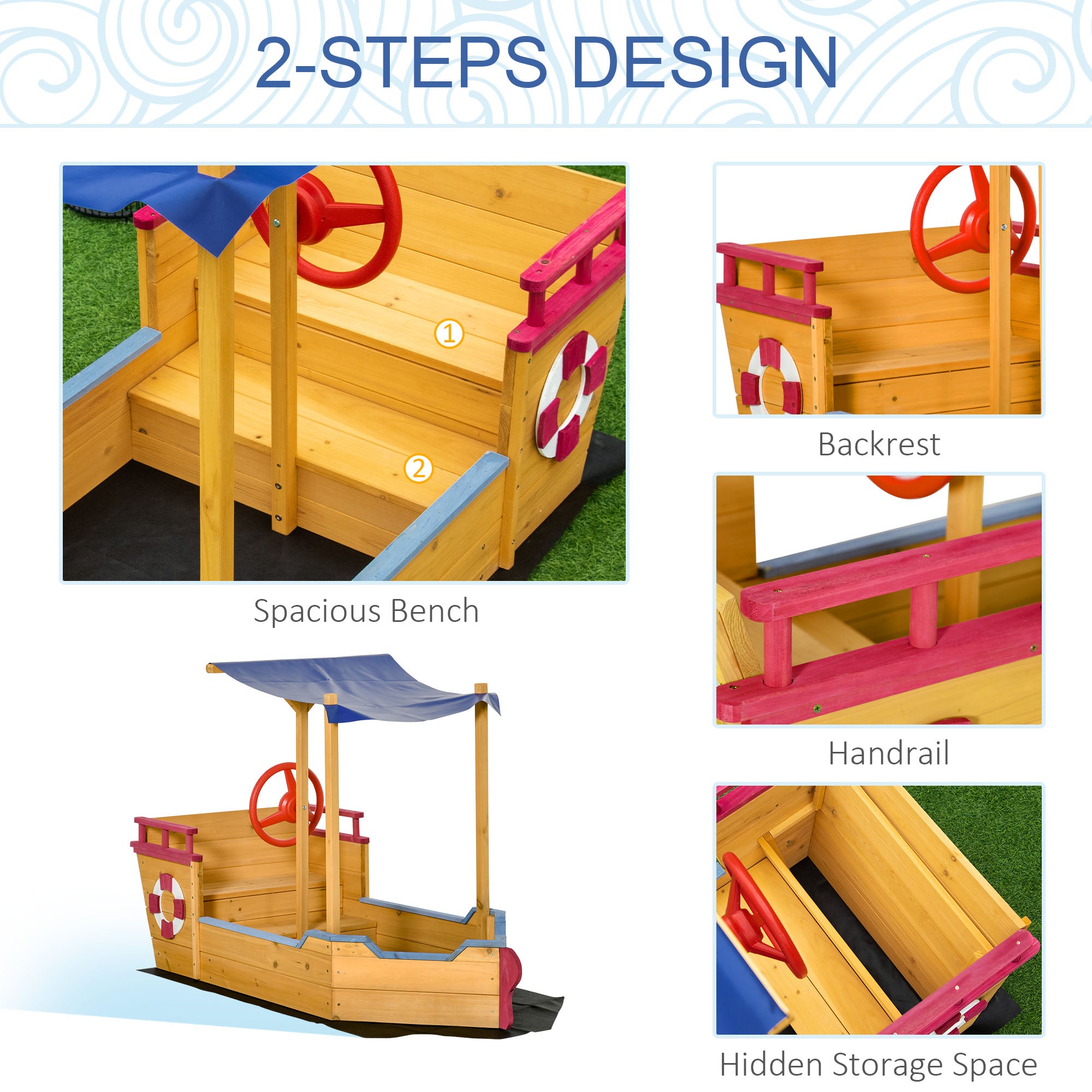 Kids Wooden Sandbox, w/ Canopy Bench Seat Storage Space, Aged 3-8 Years Old