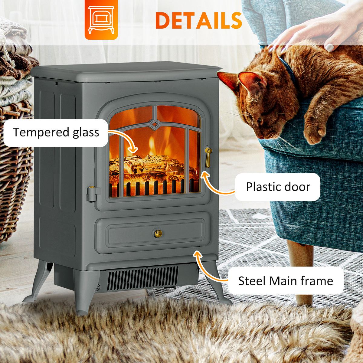 Fireplace Stove, Electric Fireplace Heater with Realistic LED Flames and Logs, 725W/1450W, Gray