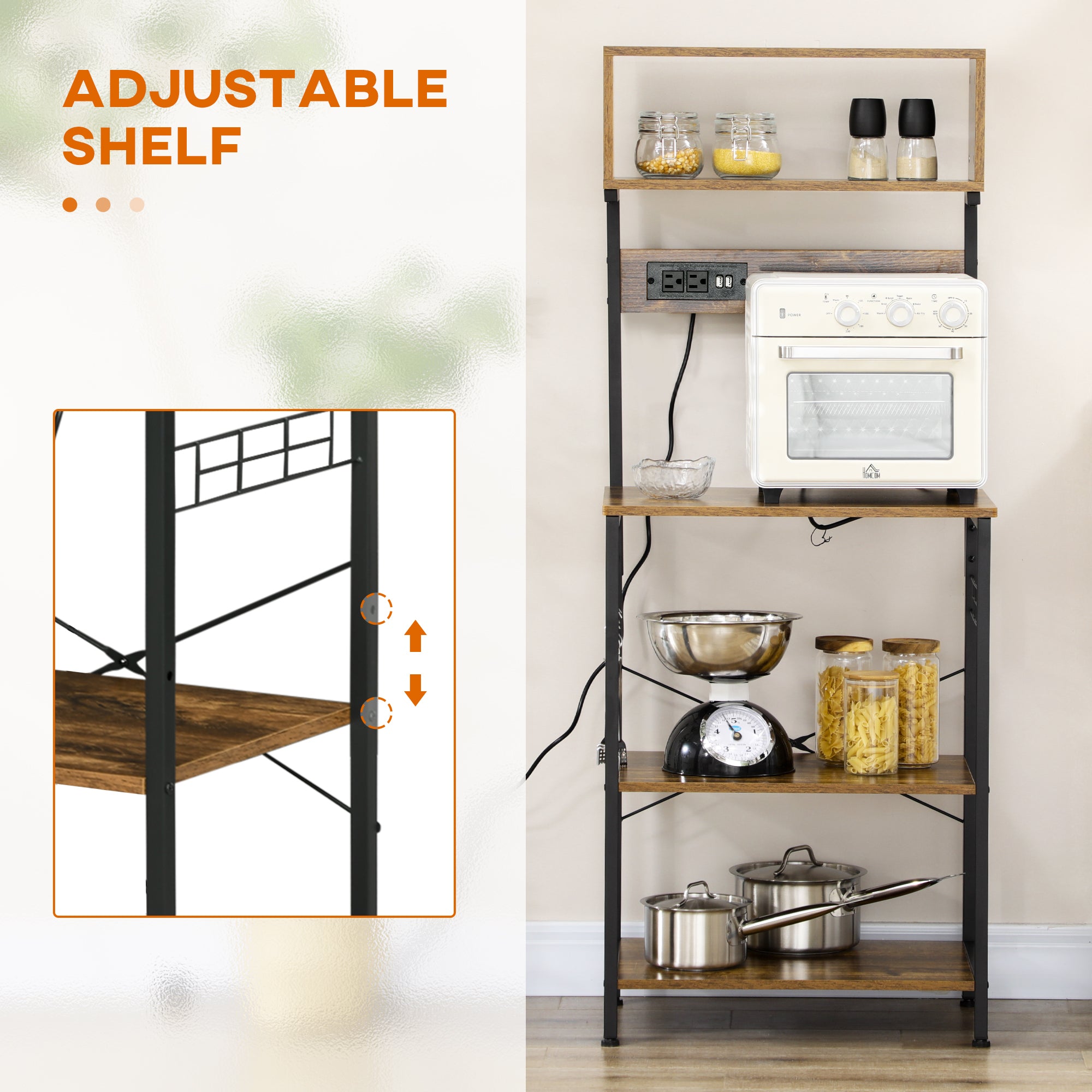 Kitchen Bakers Rack with Power Outlet, USB Charger, Microwave Stand, Coffee Bar with Adjustable Shelves, 5 Hooks for Spices, Pots and Pans, Rustic Brown