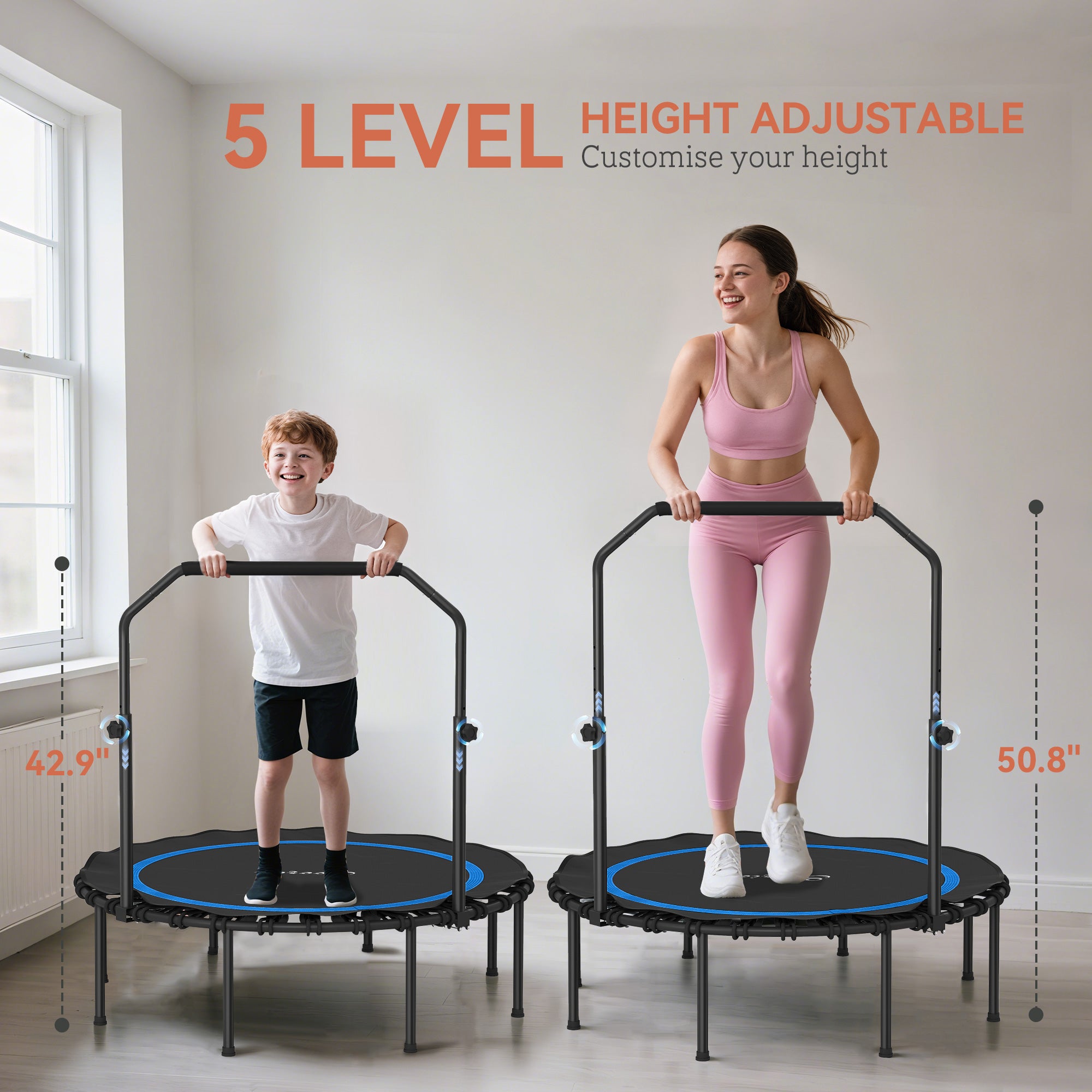 48" Rebounder Trampoline for Adults, Foldable Mini Trampoline with Adjustable Handle Bar for Indoor Outdoor, Blue