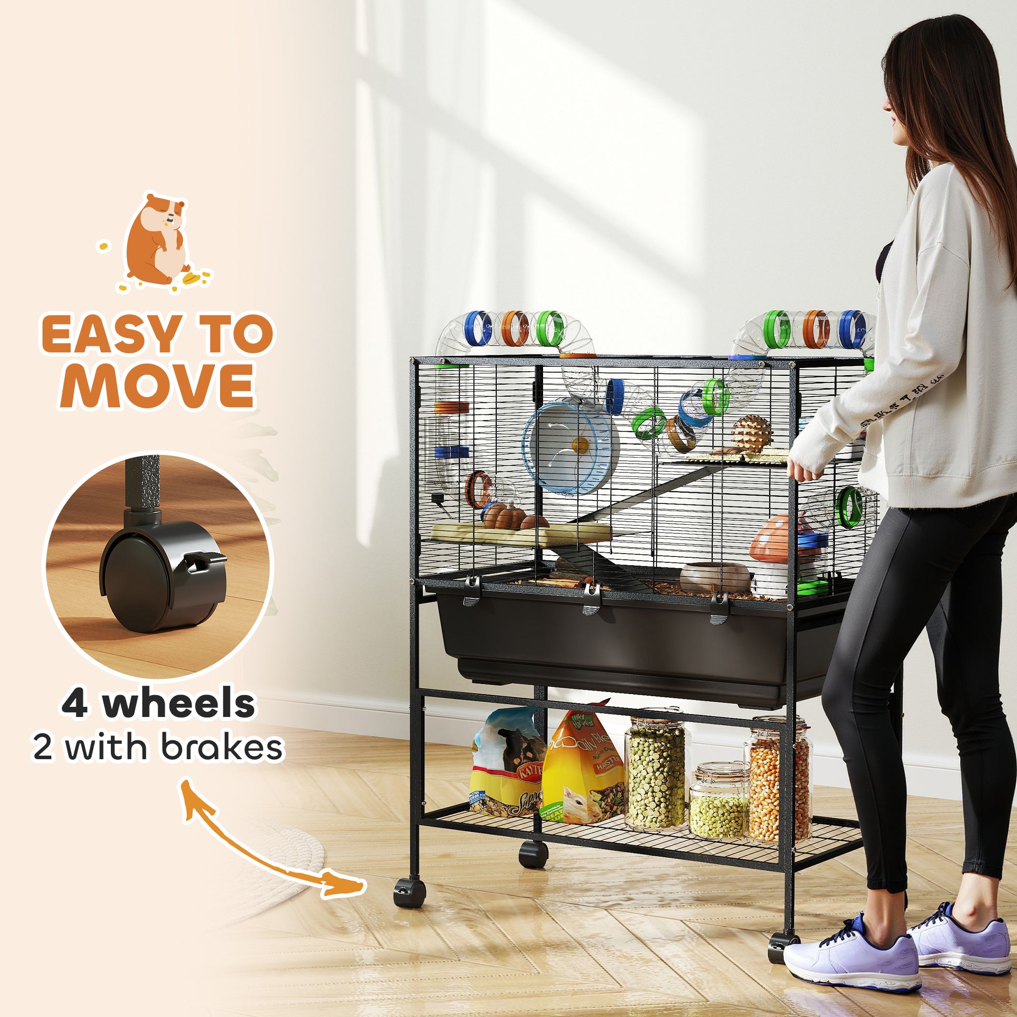 3 Tier Hamster Cage, Rolling Rat Cage with Deep Tray, Storage Shelf, Big Exercise Wheel, Hut, Tube System - Black - Image 8