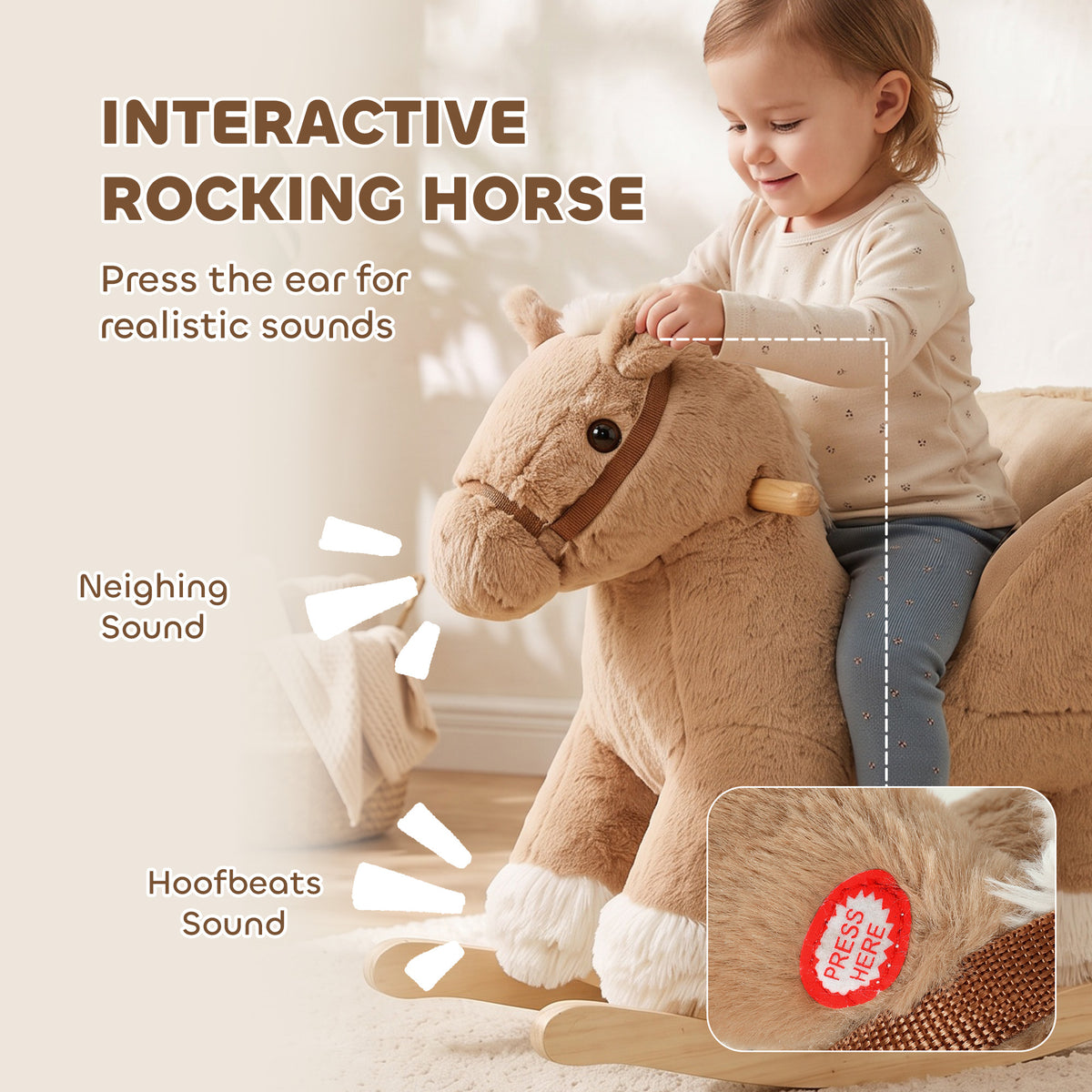 Rocking Horse with Seat Belt, Plush Ride-On Rocker with Realistic Sound for Toddlers Ages 18-36 Months, Brown