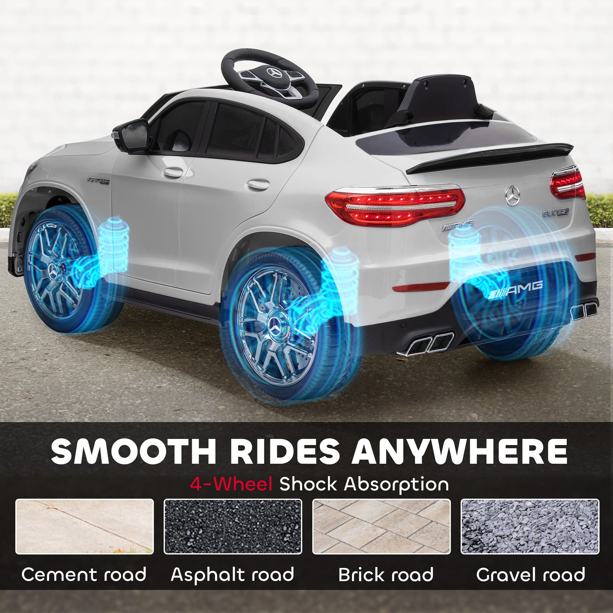 12V Toddler Ride On Car with Remote Control, Mercedes Benz AMG GLC63S Coupe, Electric Car with 2 Speed, MP3 Player, Light, Horn, Songs, Suspension, White