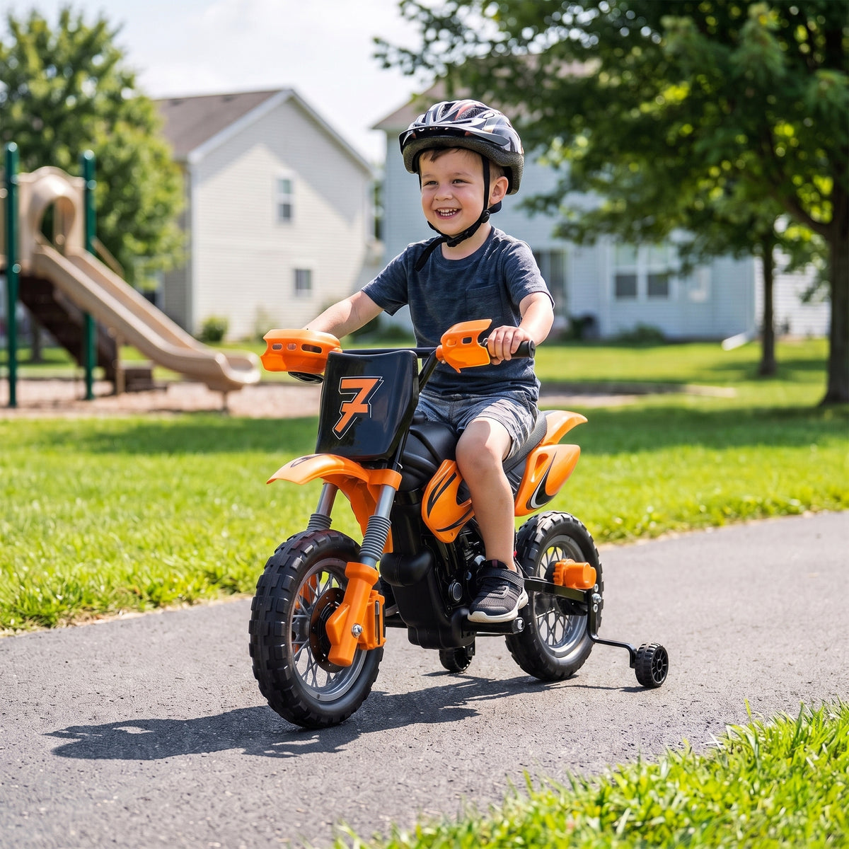 12V Kids Motorcycle, 2 x 35W Electric Dirt Bike with Training Wheels, Rear Suspension, Horn for 3-6 Years, Orange