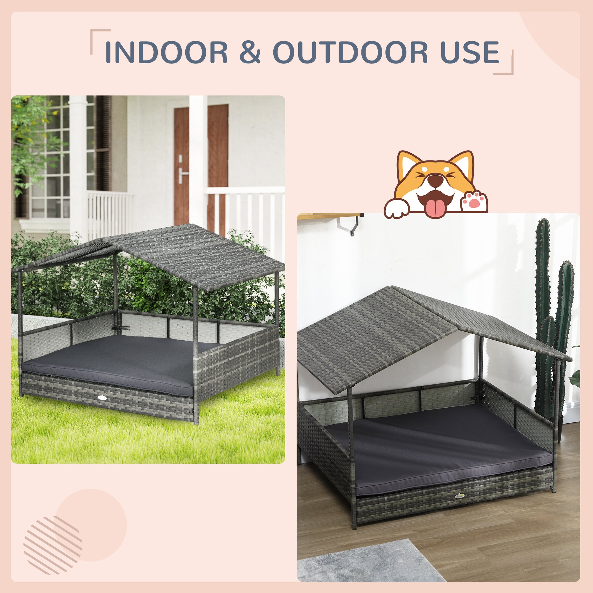 Outdoor Dog Bed with Canopy, Rattan Dog Bed with Soft Cushion Removable Cover for Medium and Large Dogs, Dark Gray - Dark Gray - Image 4