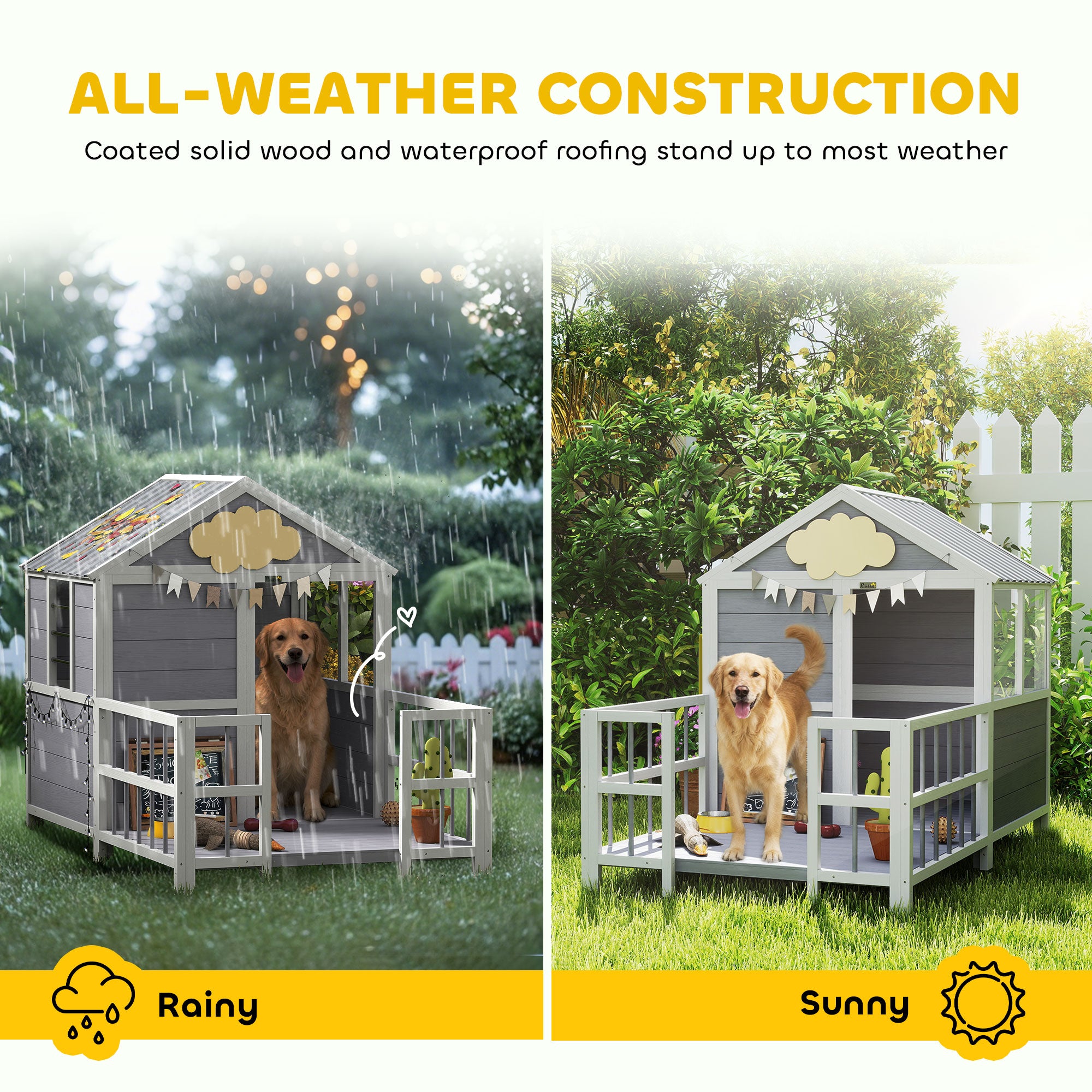 Outdoor Dog House, 61"L Wooden Dog House with Porch, Weatherproof Roof, Elevated Base, Air Vents & Observation Windows - Gray - Image 6