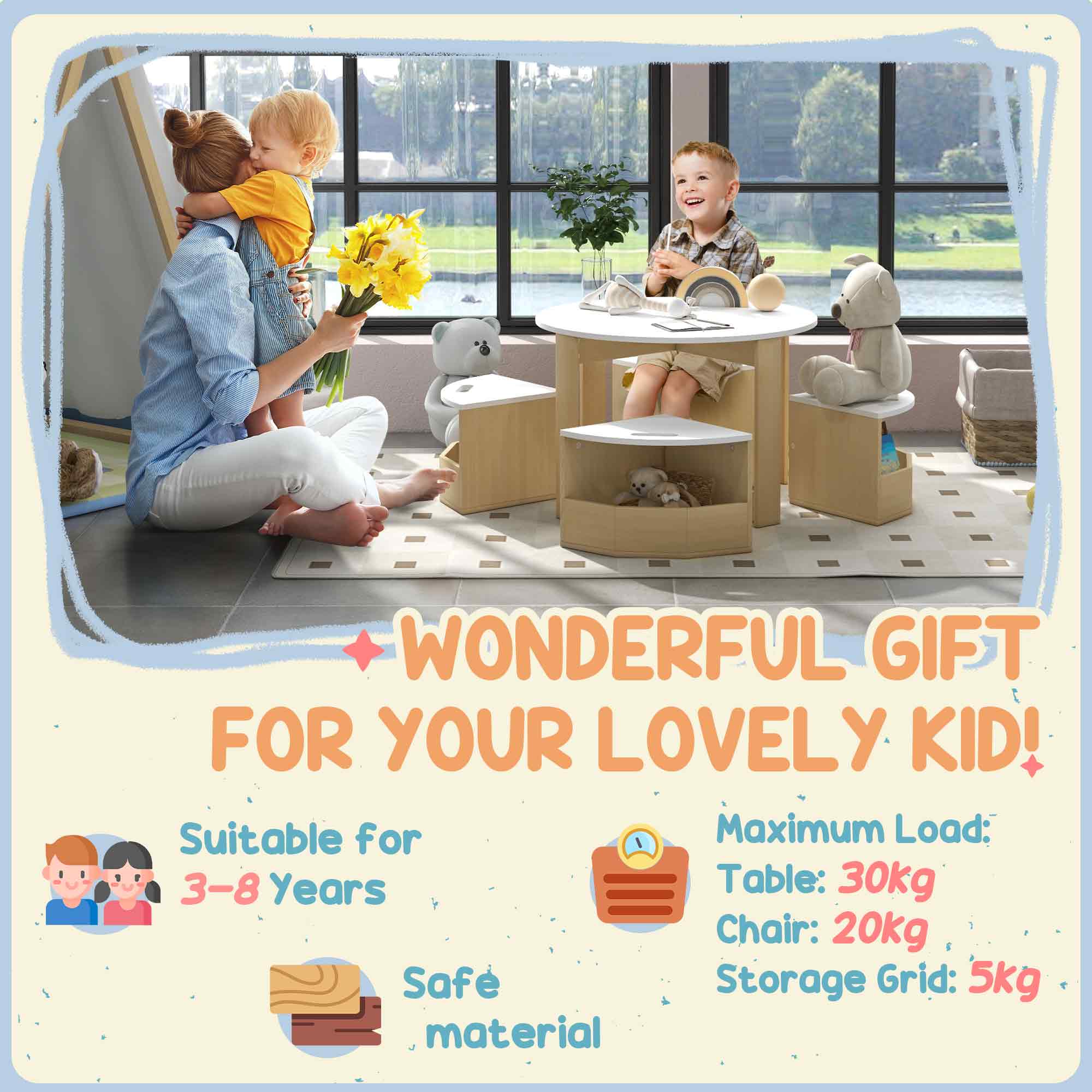 5 Piece Kids Table and Chairs Set with Storage for Art, Craft, Drawing, Playroom, Classroom, Nursery, White