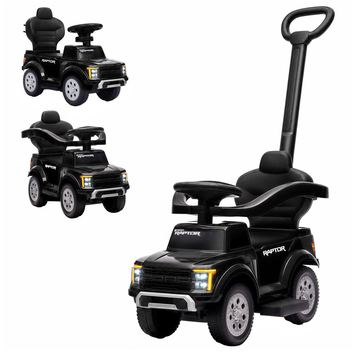 Qaba 3 In 1 Licensed Ford Kids Push Car with Push Handle, Horn, Sound, Secure Bar, Storage, for Toddlers 18-36 Months, Black
